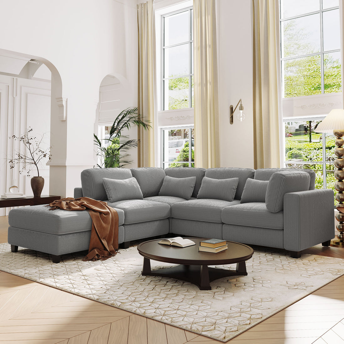 5 Pieces L Shaped Sofa With Removable Ottomans And Comfortable Waist Pillows Grey Polyester 5 Seat