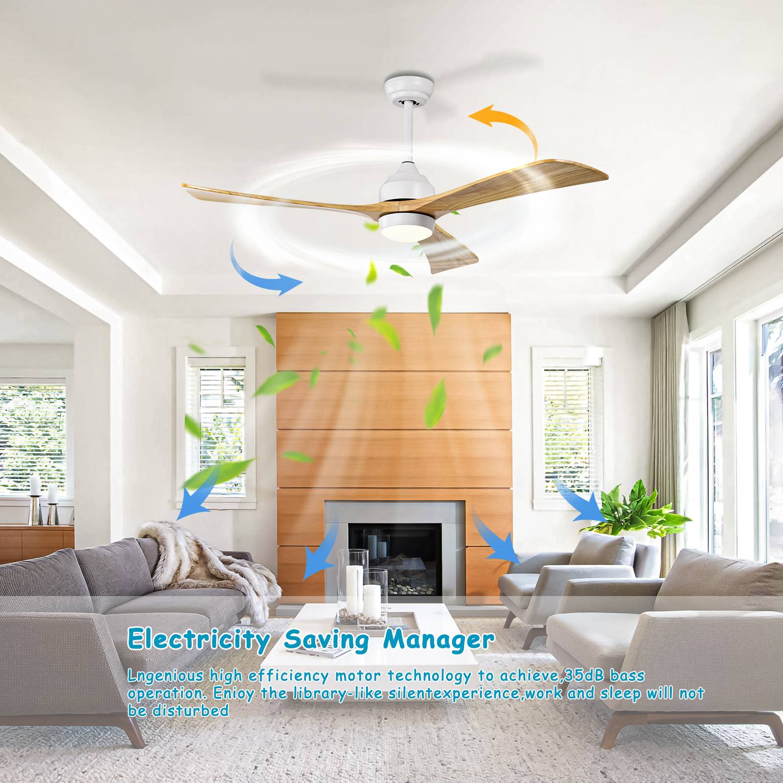 52" Ceiling Fan With Lights Remote Control,Quiet Dc Motor 3 Blade Ceiling Fans 6 Speed Levels,Reversible Ceiling Fan, For Patio Living Room, Bedroom, Office,Indoor. White Natural White Farmhouse,Industrial Iron Wood