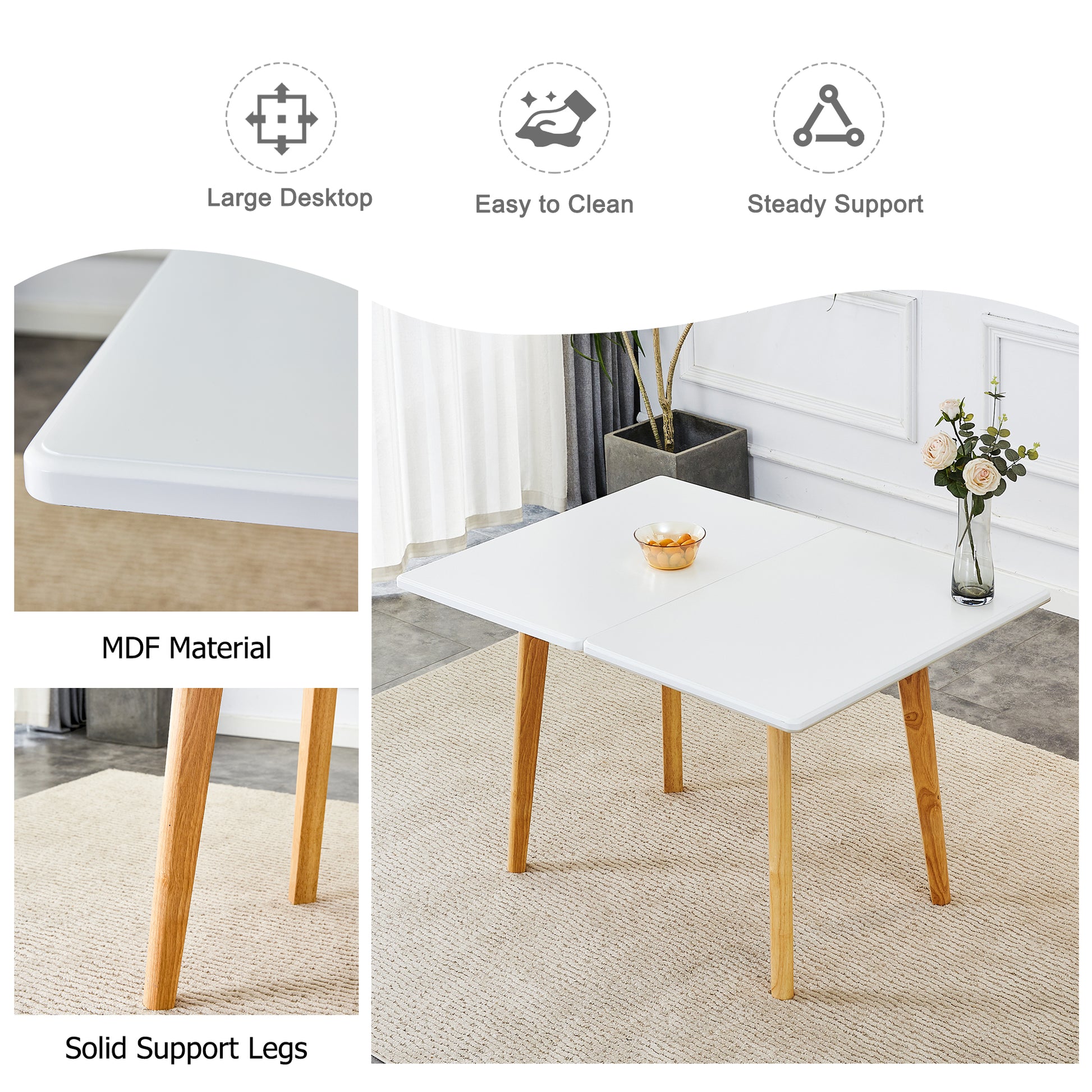 White Stone Burning Tabletop With Rubber Wooden Legs, Foldable Computer Desk, Foldable Office Desk,4 Modern Pu Leather High Back Cushion Side Chair With Wood Grain Metal Legs. Zd 1545C 1162 White Sintered Stone