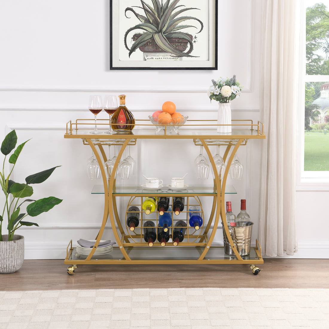 Golden Bar Cart With Wine Rack Tempered Glass Metal Frame Wine Storage Golden Glass Metal