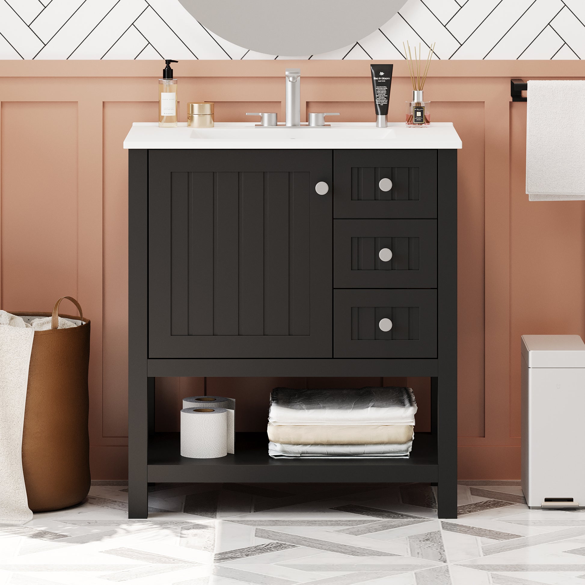 30Inch Transitional Style Bathroom Vanity Cabinet Combo With Ceramic Sink,Soft Close Door Black Bathroom Solid Wood Mdf