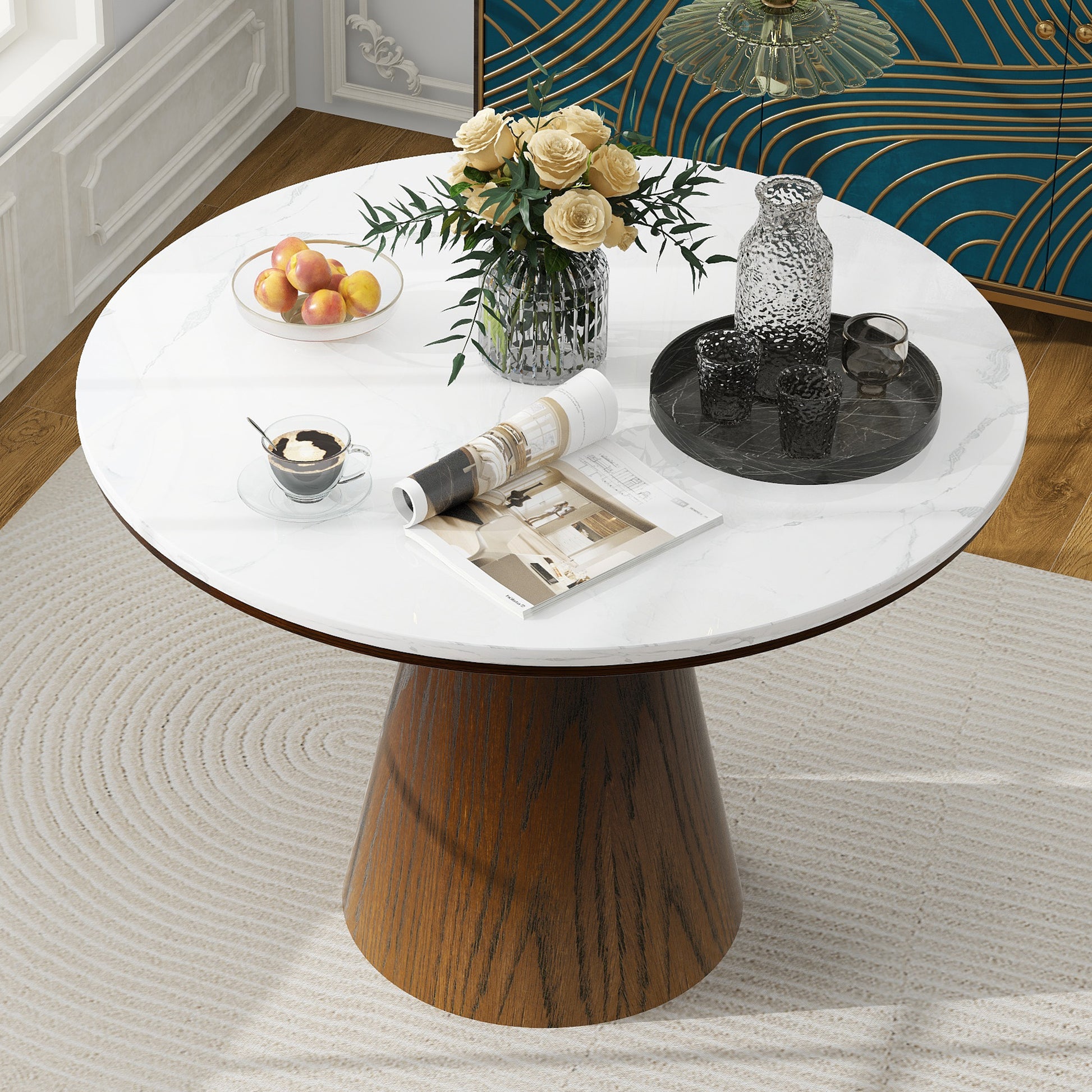 Retro Round Dining Table Minimalist Elegant Table For Living Room, Dining Room White Brown Brown White Rubber Wood