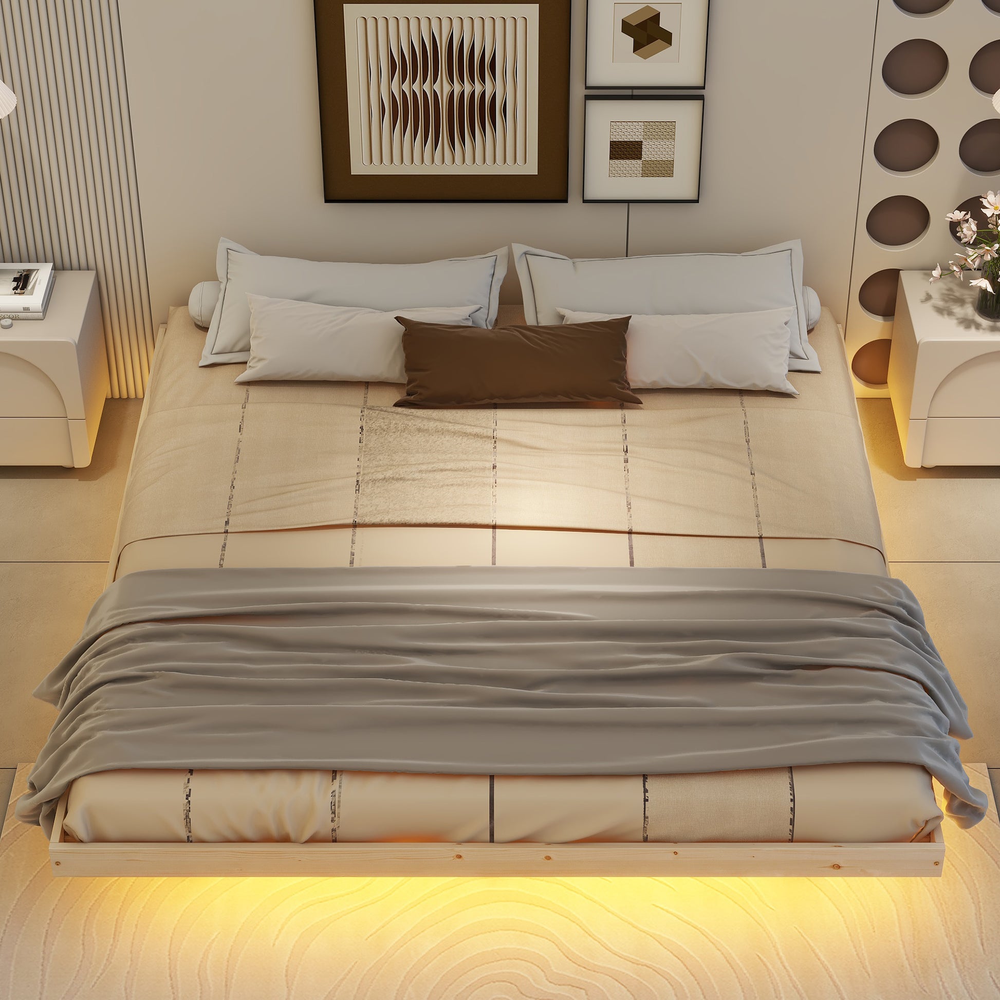 King Size Floating Bed With Led Lights Underneath,Modern King Size Low Profile Platform Bed With Led Lights,Natrual King Natural Wood Bedroom American Design Pine Bed Frame Pine