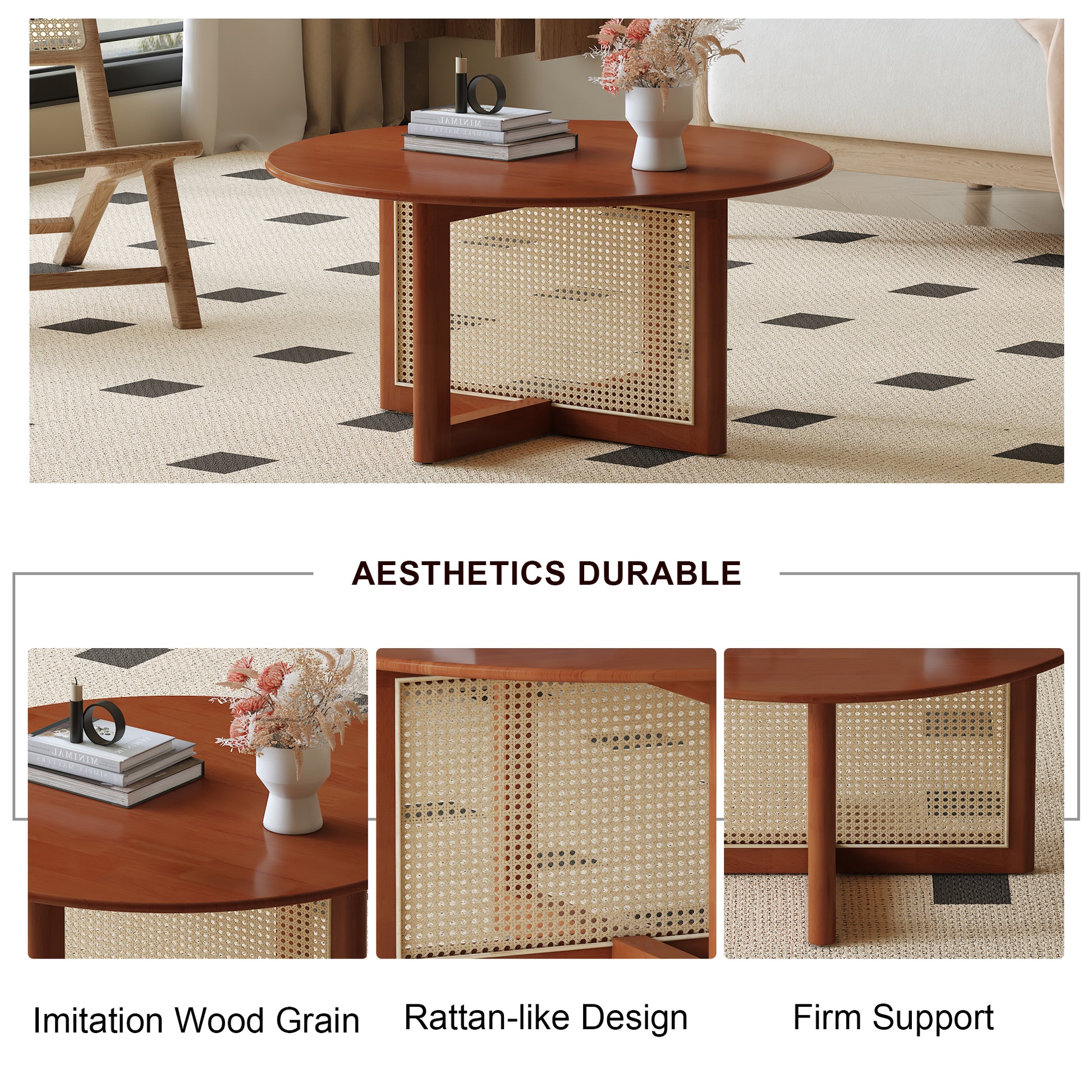 A Natural And Elegant Deep Red Wooden Coffee Table With Artificial Rattan Decorations, Perfect For A Fashionable Living Room And Comfortable Tea Drinking Time Red Wood