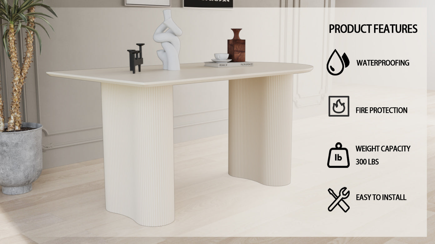 63 "Modern Fashion Mdf Cream Style Coffee Table And Irregular Side Table, 4 8 Person Dining Table, Thick Engineering Wood Round Wave Table Legs, Home Kitchen Thick Elegant Cream White Table Top Cream White Mdf