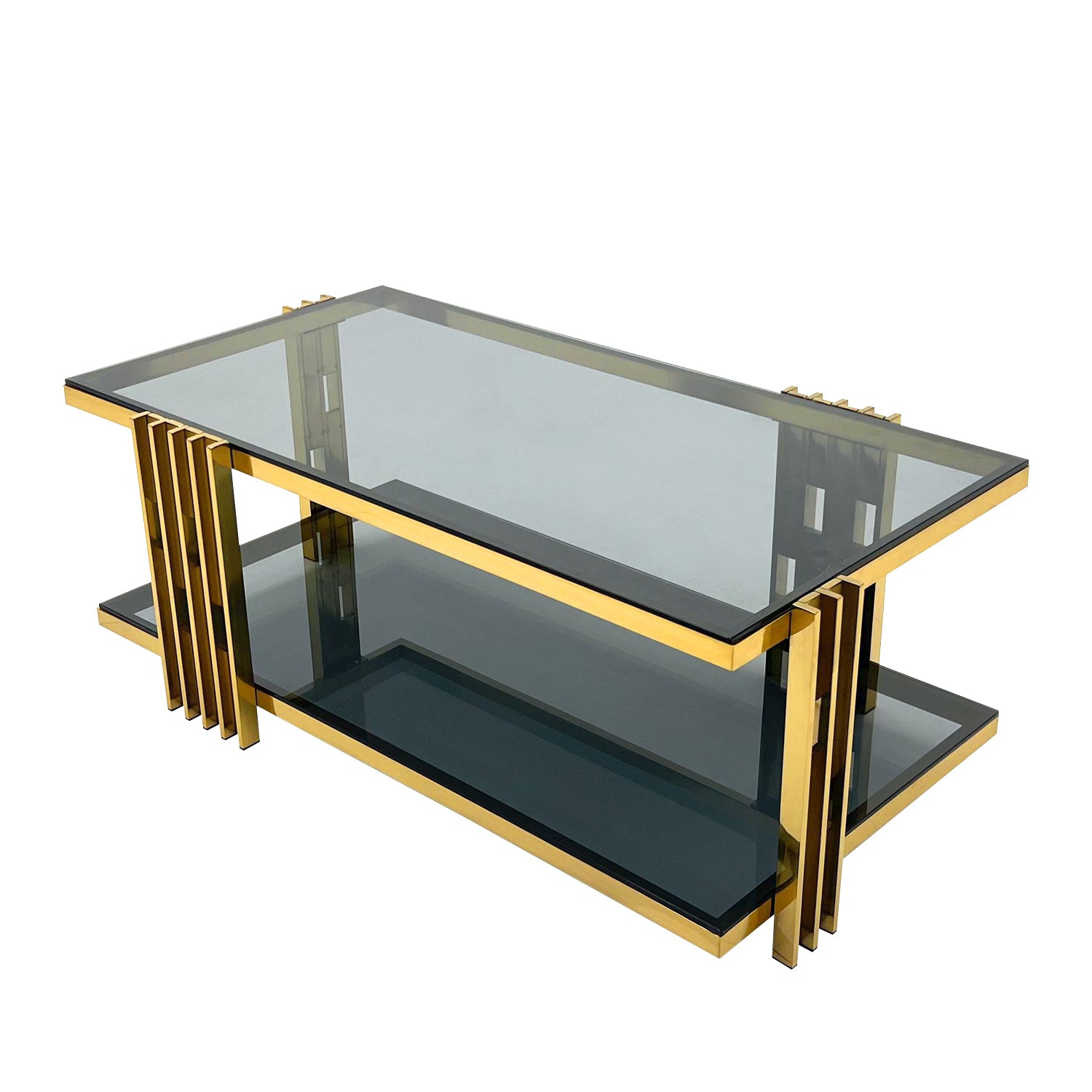 Golden Stainless Steel Double Layer Black Tempered Glass Coffee Table For Bed Room, Living Room Black,Gold Modern Open Storage Rectangular Stainless Steel,Tempered Glass