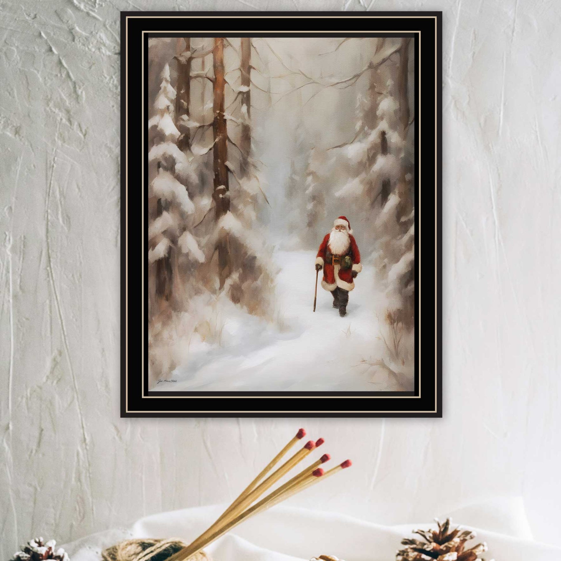 Santa'S Winter Stroll Black Framed Wall Art For Living Room, Holiday Wall Art Print For Home Decor, Bedroom Wall Art By Jo Moulton Multicolor Wood Paper