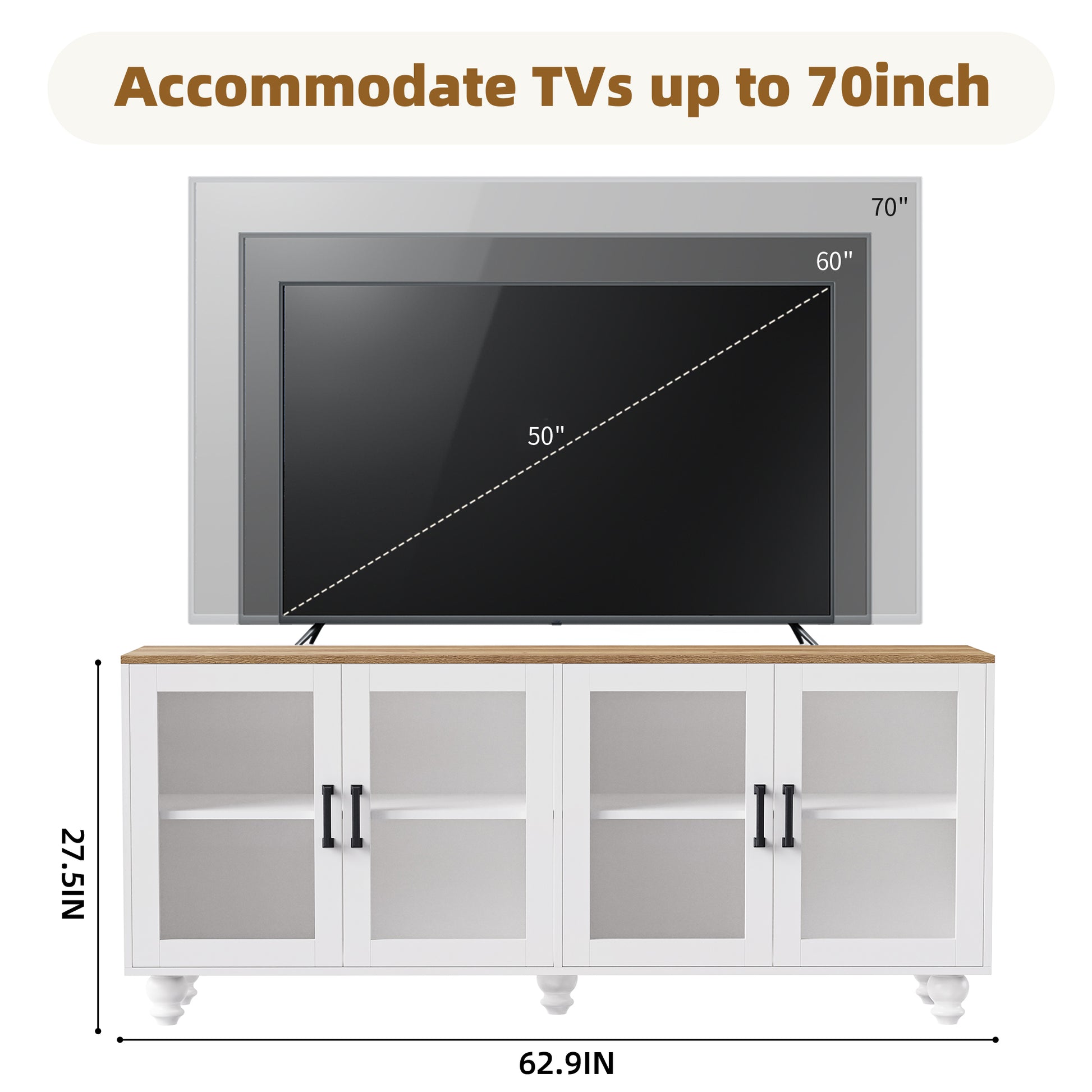 Farmhouse Tv Stand With Tempered Glass Doors For Tvs Up To 70", Versatile Sideboard With Adjustable Shelves, Elegant Buffet Cabinet With 5 Solid Wood Gourd Shaped Legs For Living Room, White White