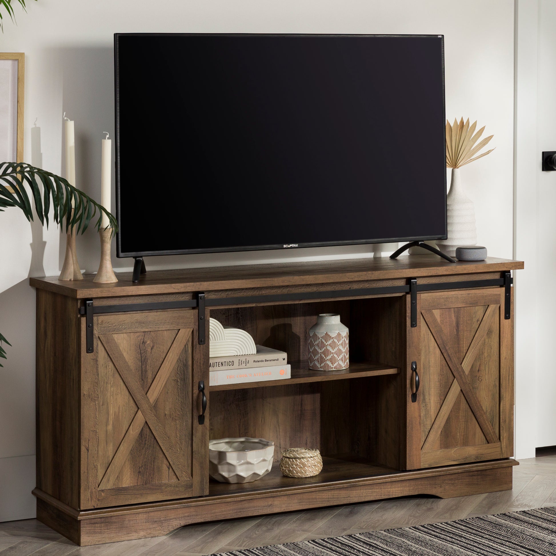 Farmhouse Sliding X Barn Door 58" Tv Stand For 65" Tvs Rustic Oak Oak Mdf