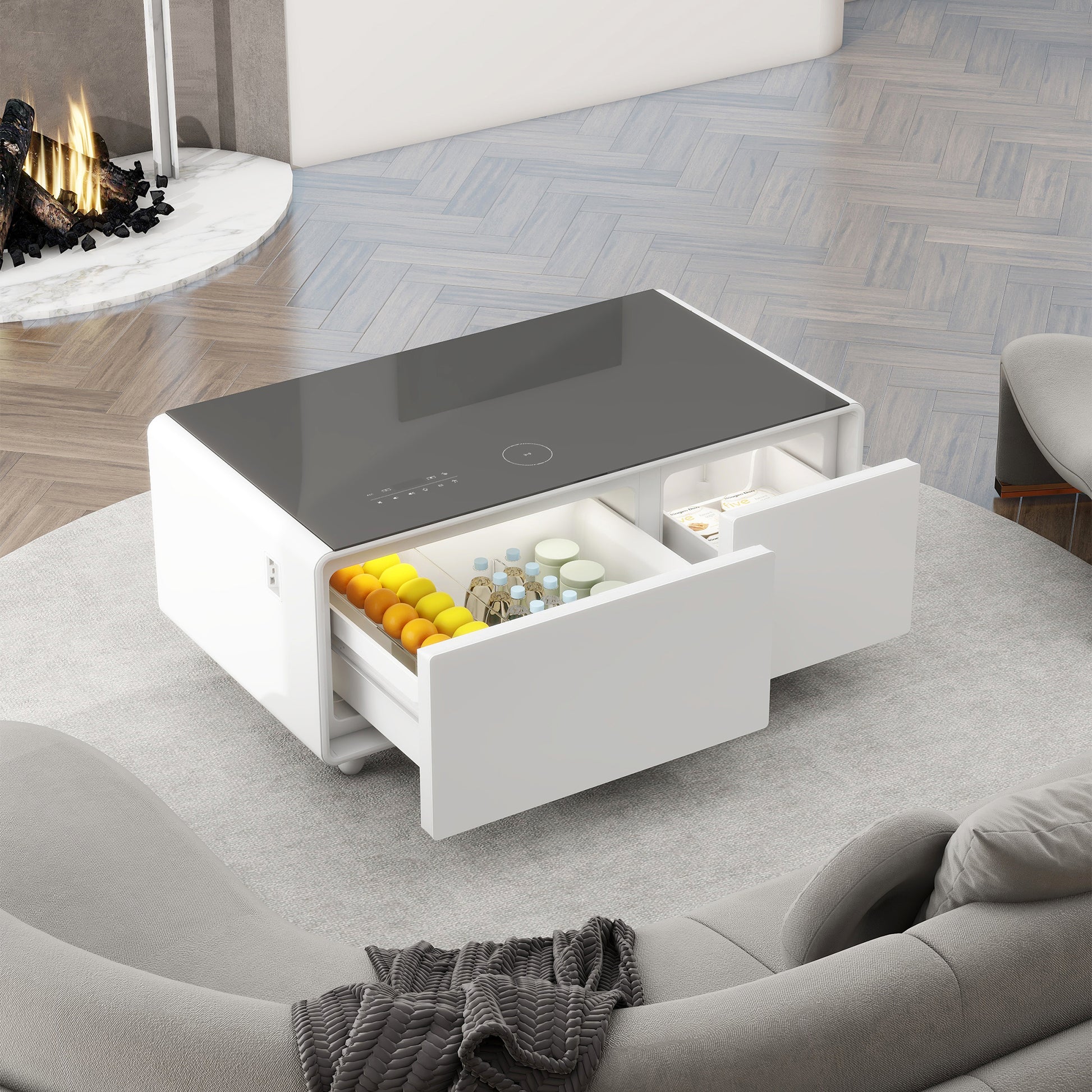 Modern Smart Coffee Table With Built In Fridge, Bluetooth Speaker, Wireless Charging, Touch Control Panel, Usb Ports, Outlet Protection, Atmosphere Light, White White Built In Outlets Or Usb Primary Living Space Freestanding Rectangular Drawers Coffee &