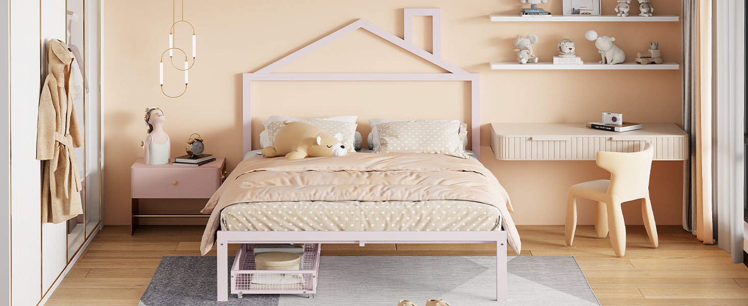 Full Size Metal Platform Bed With Two Drawers,House Shaped Headboard Design, Pink Full Pink Metal
