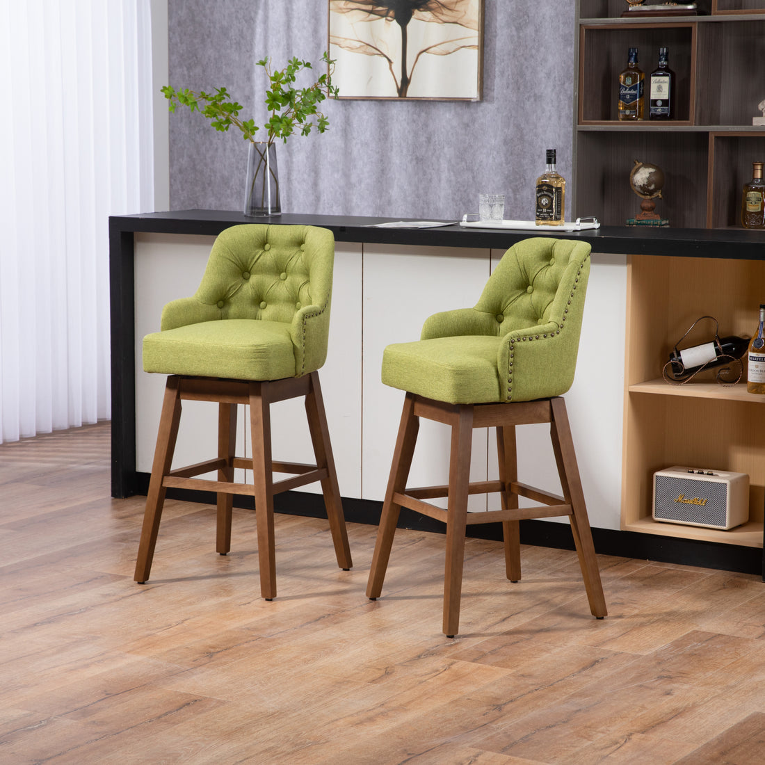Coolmore Bar Stools Set Of 2 Counter Height Chairs With Footrest For Kitchen, Dining Room And 360 Degree Solid Wood Legs Swivel Bar Stools Set Of 2 Olive Linen Olive Foam Linen