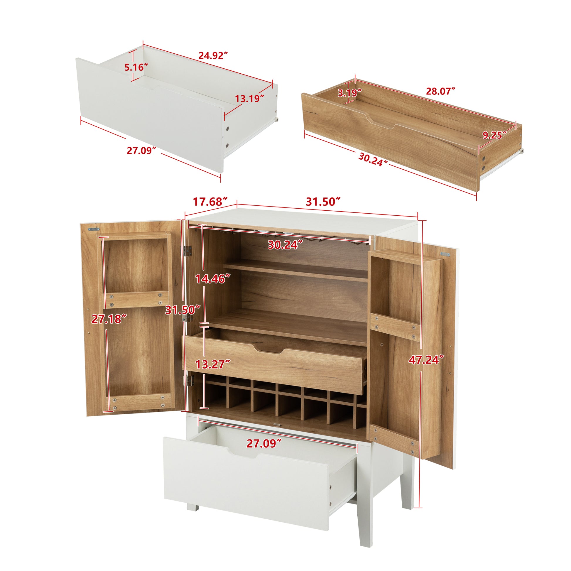 Bar Cabinet,Wine Bar Cabinet,Liquor Storage Credenza,Sideboard With Wine Racks & Stemware Holder,Wine Glass Holder,Metal Handle,Can Be Placed In Family Bars,Hallways,Living Rooms,Color:White Brown 5 Or More Spaces Distressed Finish Brown White Primary