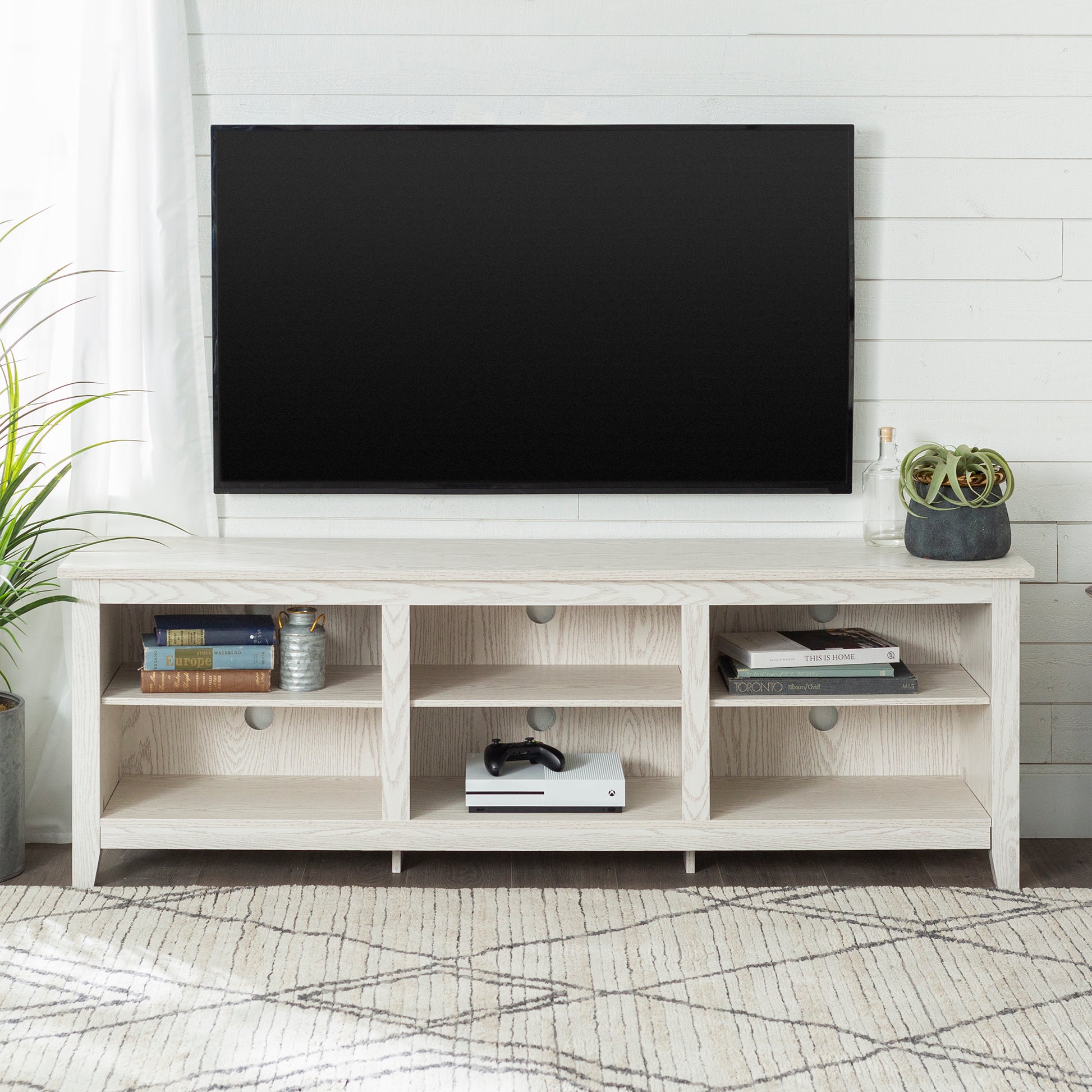 Modern Transitional 3 Shelf Open Storage 70" Tv Stand For 80" Tvs White Wash White Washed Mdf