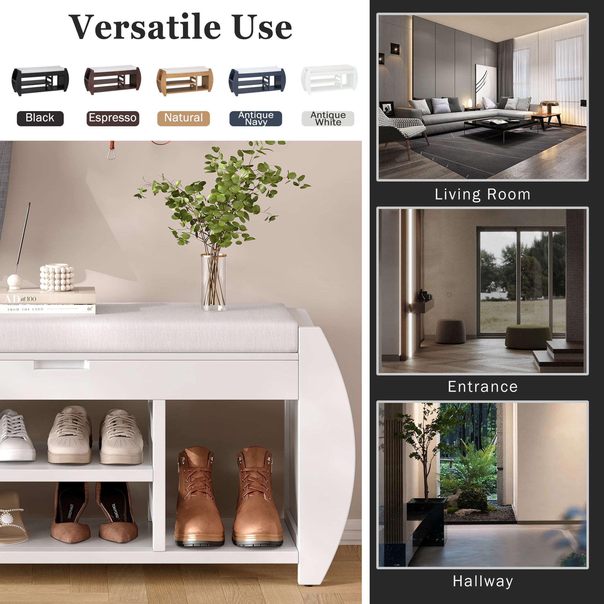 Retro Multifunctional Storage Bench With Cushion And Curved Side Panel For Entrance And Living Room Antique White Antique White Mdf