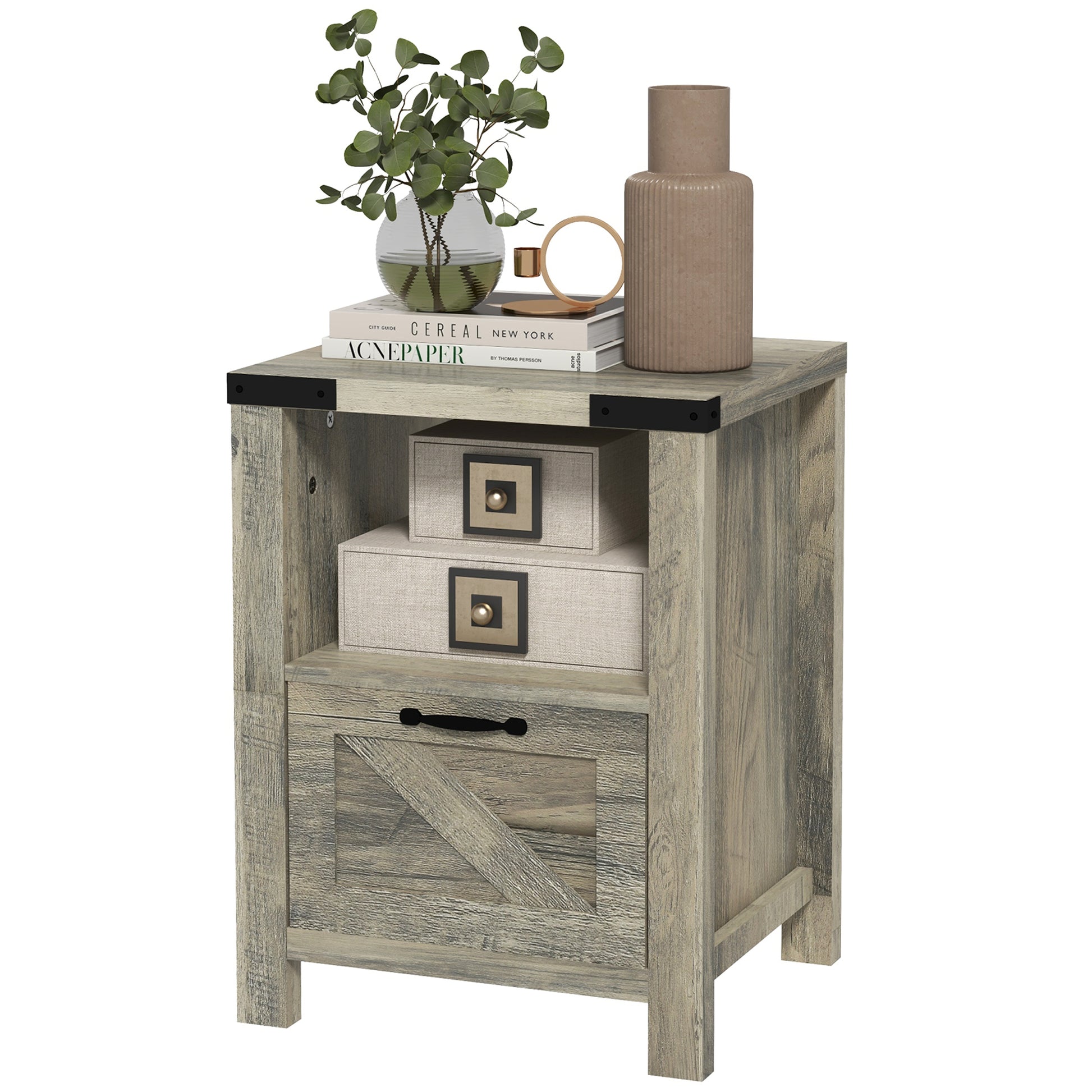 Homcom Farmhouse End Table, Rustic Side Cabinet With Storage, Small Side Table With Drawer, Wood Effect Tabletop For Living Room, Gray Gray Particle Board