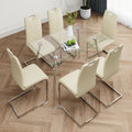 Modern Simple Rectangular Glass Dining Table, Solid Tempered Glass Tabletop, Electroplated Table Legs, Light Yellow Pu Dining Chair Set, Suitable For Restaurant Kitchen Use Set Of 7 Upholstered Chair Glass Light Yellow Seats 6 Metal Rectangular Dining