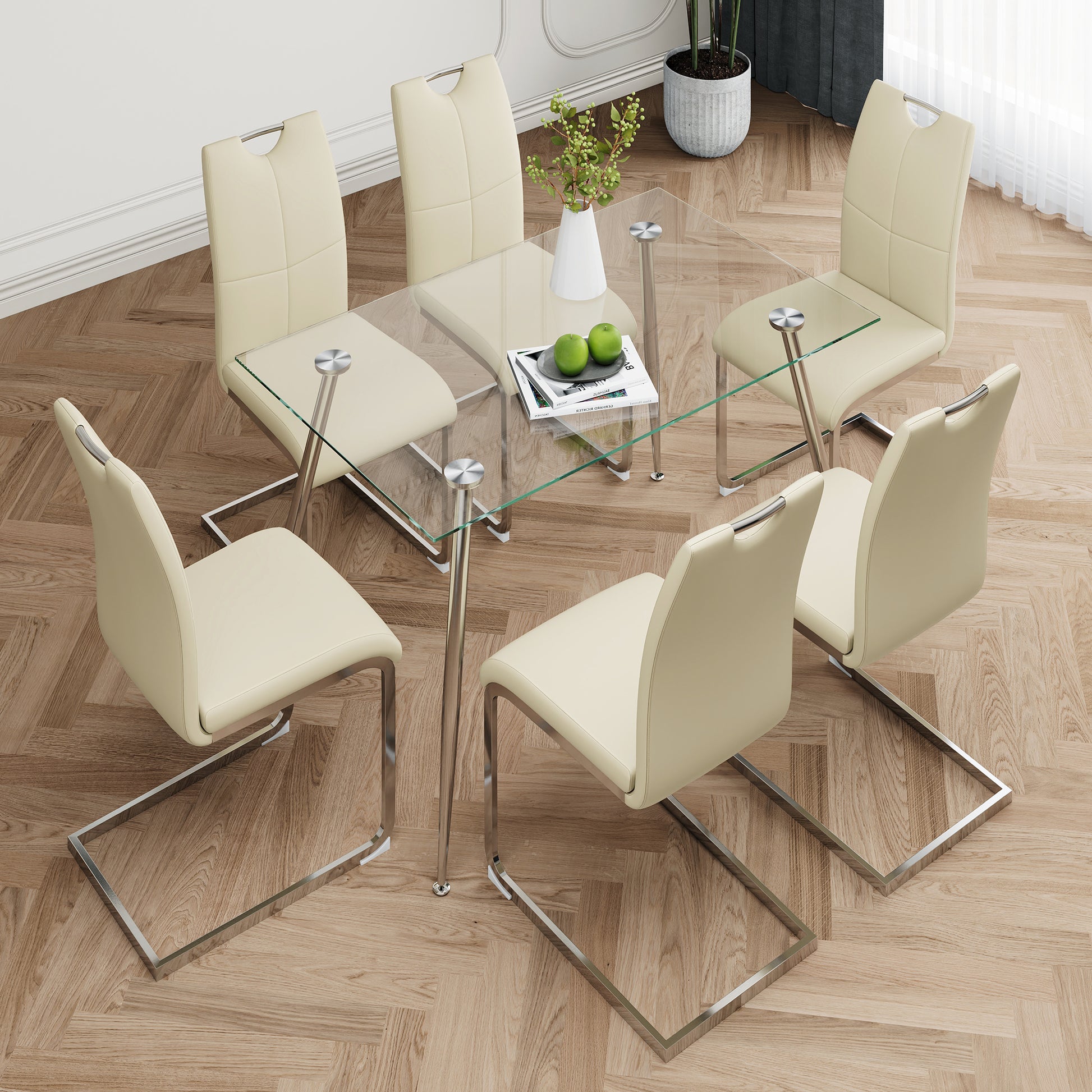 Modern Simple Rectangular Glass Dining Table, Solid Tempered Glass Tabletop, Electroplated Table Legs, Light Yellow Pu Dining Chair Set, Suitable For Restaurant Kitchen Use Set Of 7 Upholstered Chair Glass Light Yellow Seats 6 Metal Rectangular Dining