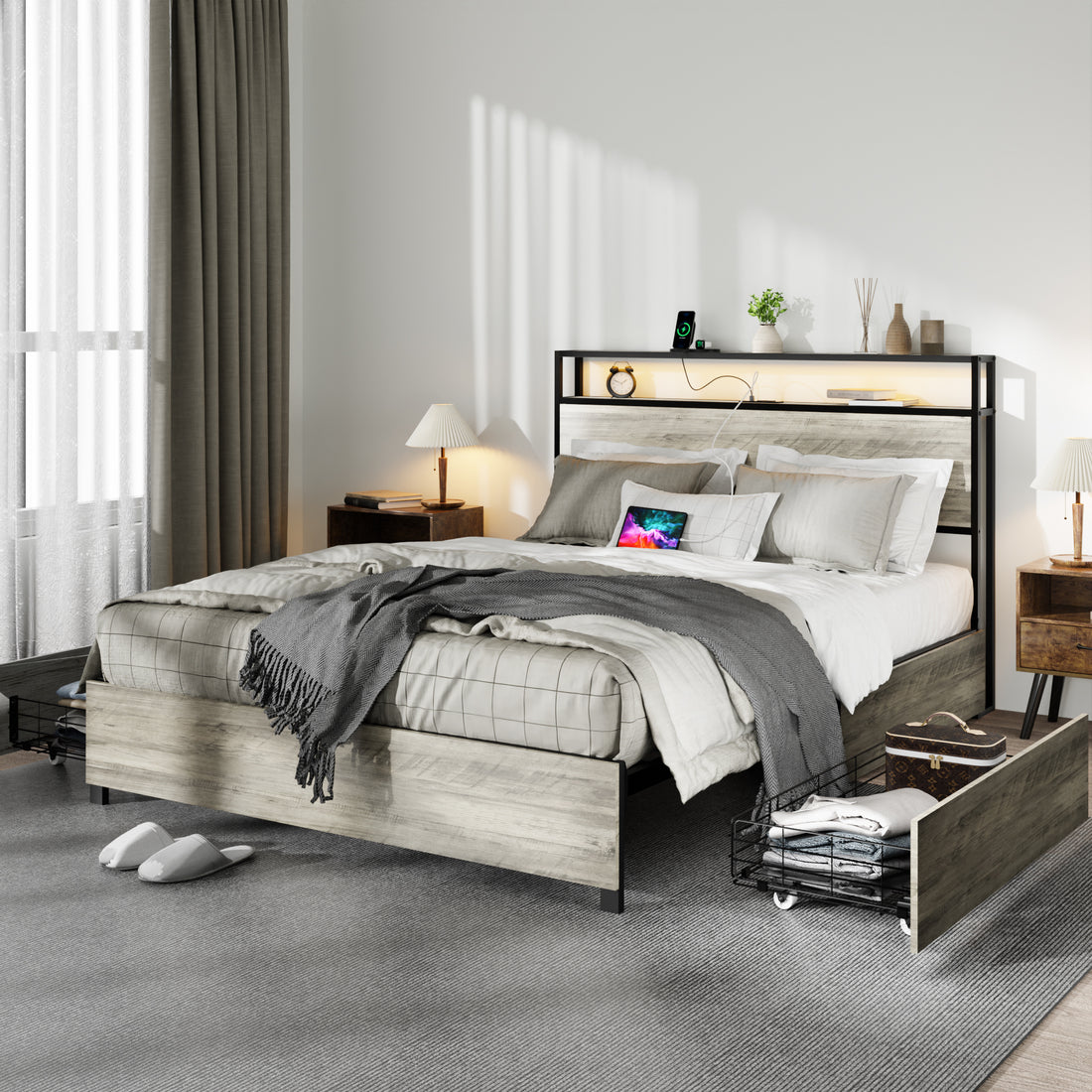Queen Size Bed Frame With 4 Storage Drawers And 2 Usb Ports, Upholstered Platform Bed Frame With Storage Headboard Charging Station And Metal Slat Support, No Box Spring Needed, Dark Grey. Box Spring Not Required Queen Dark Grey Metal Bedroom Bed Frame