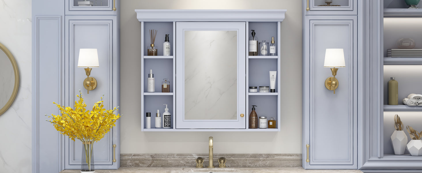 35'' X 28'' Blue Wall Mounted Bathroom Storage Cabinet With Mirror Door, Modern Bathroom Wall Cabinet With Mirror, Medicine Cabinet With 6 Open Shelves Blue 1 Adjustable Shelves Wall Mounted Luxury Mdf Glass Painted