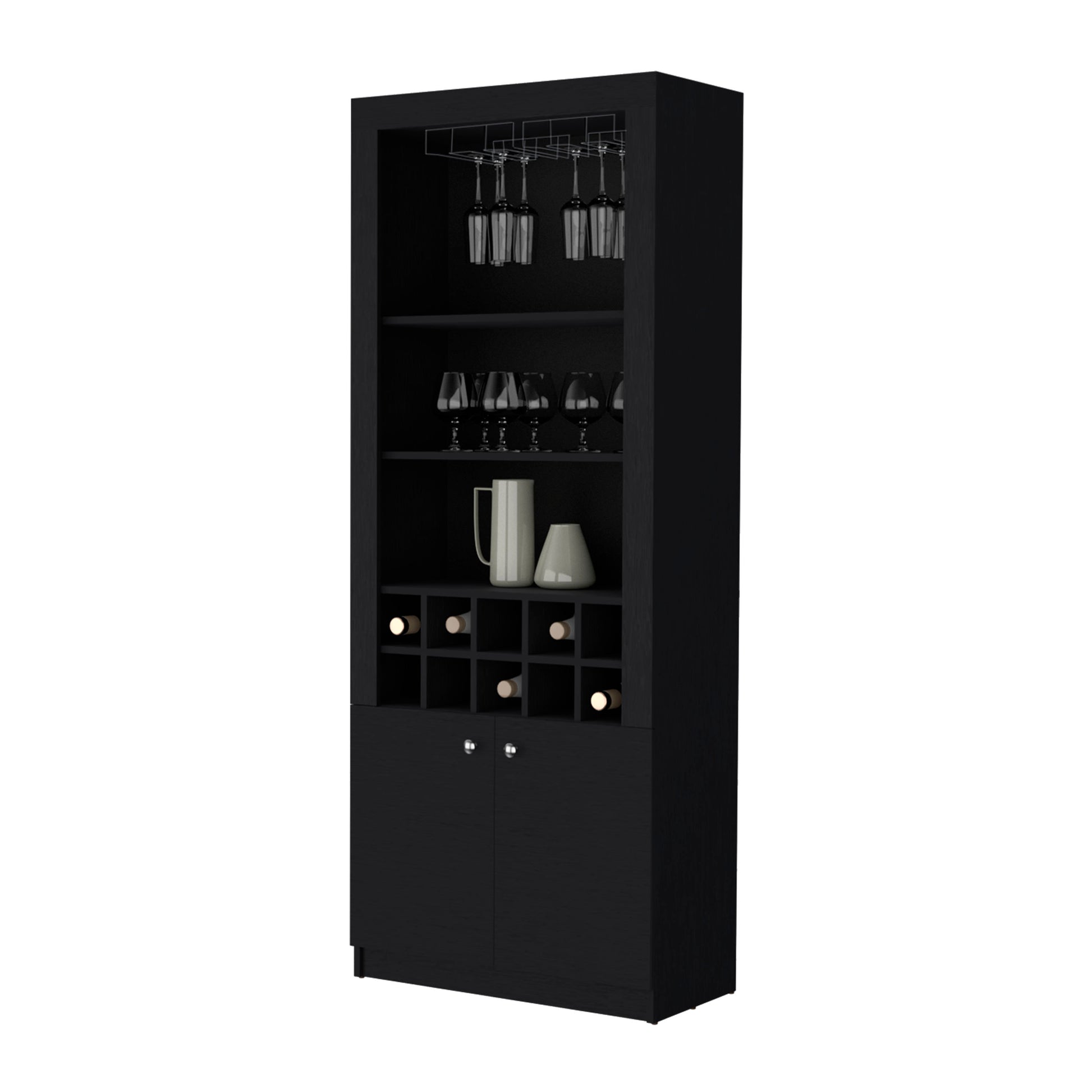 Cr Bar Cabinet, With Wine Storage And Thre Shelves Freestanding 5 Or More Spaces Black Primary Living Space Open Storage Space Contemporary,Modern Pine Particle Board Engineered Wood