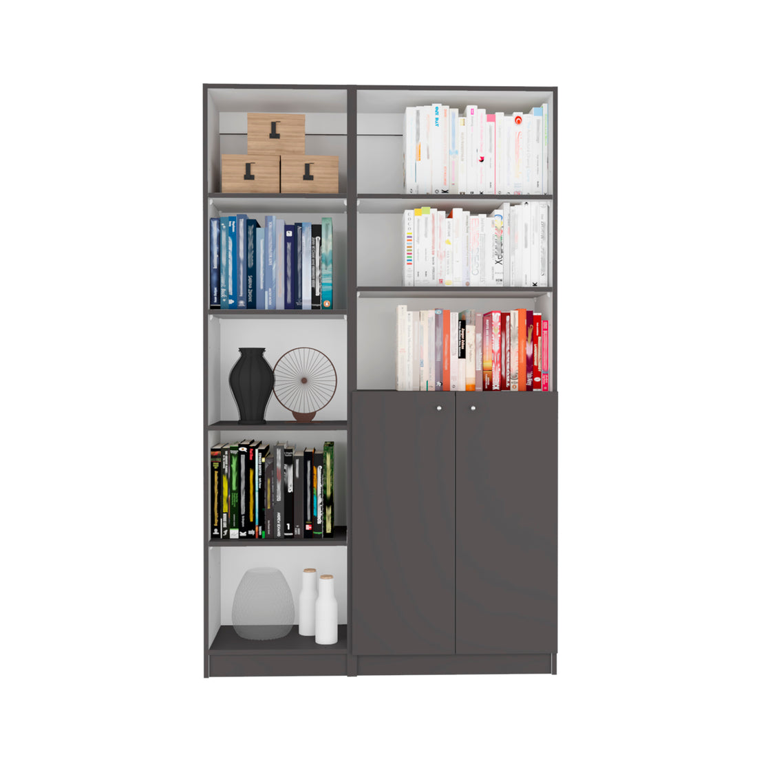 Micco 2 Piece 2 Piece Home Bookcase Set, 42" Wide With 8 Shelves And Double Door Cabinet, Living Room Set Matte Gray White Freestanding 5 Or More Shelves Multicolor Modern Particle Board