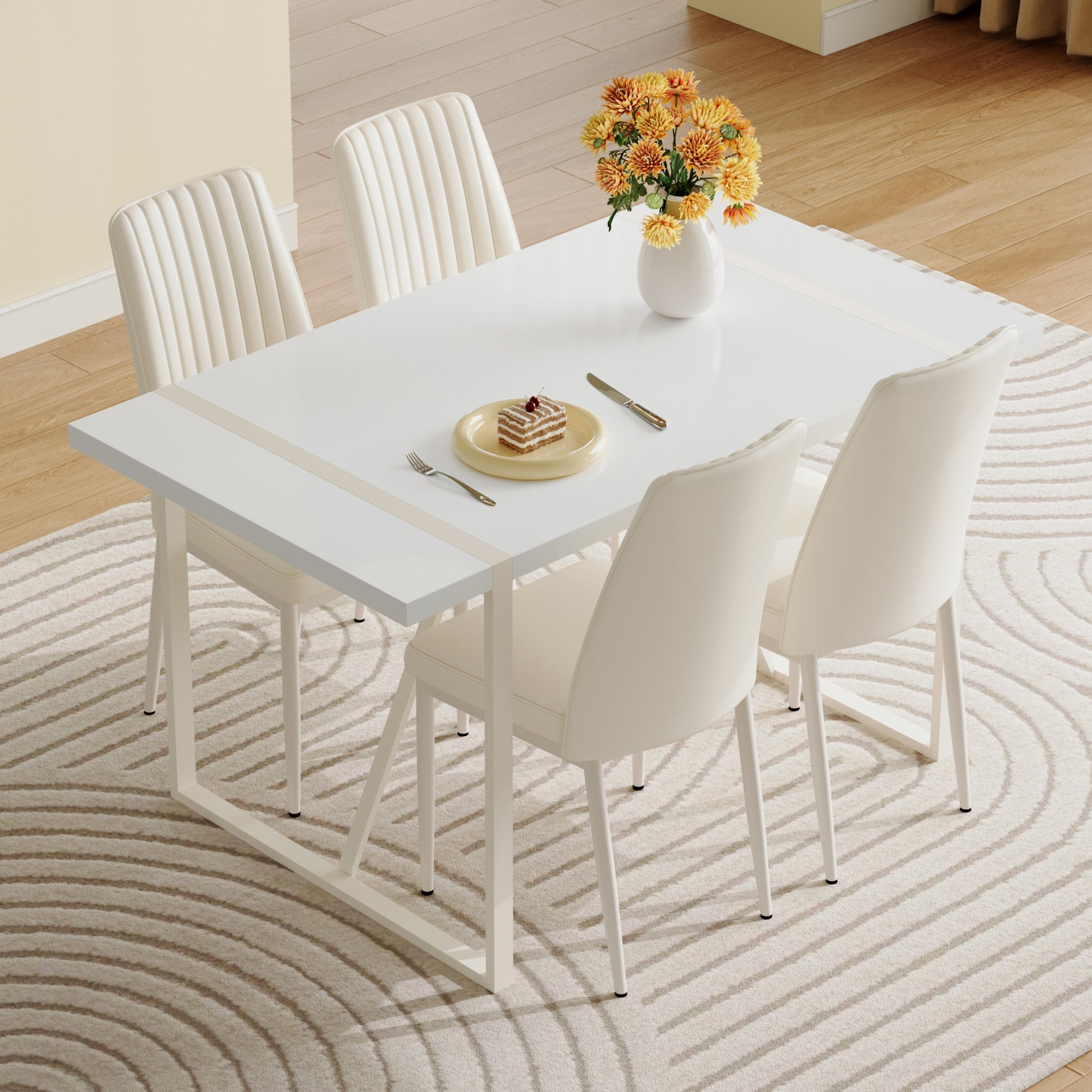 55"X31.5"Cream Style White Mdf Dining Table Set With 4 Armless Chairs.The Backrest Of The Dining Chair Is Designed With Multiple Vertical Stripes.Adding A Warm Atmosphere To Your Family. White Seats