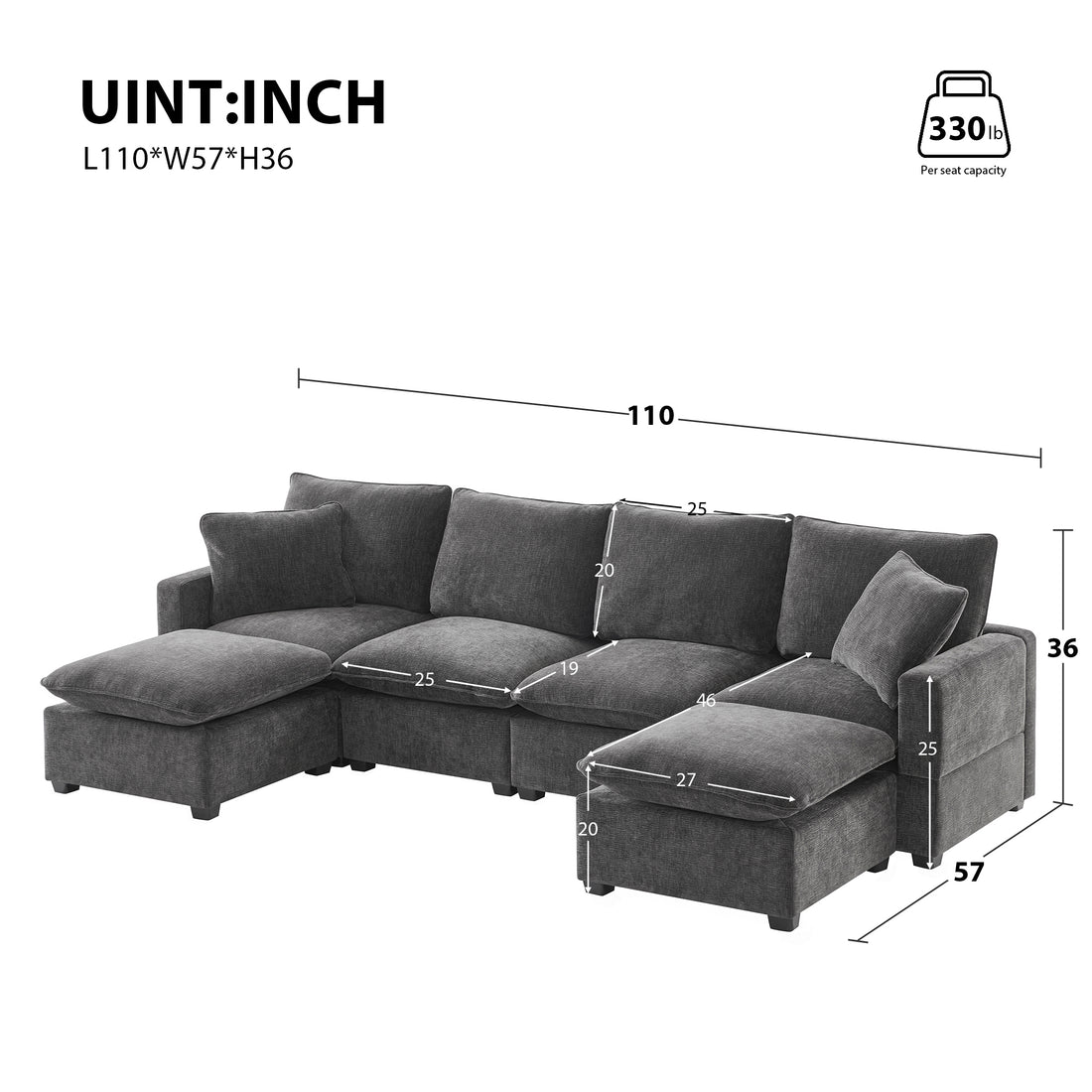 110*57" Modern U Shape Modular Sofa, 6 Seat Chenille Sectional Couch Set With 2 Pillows Included, Freely Combinable Indoor Funiture For Living Room, Apartment, Office, 2 Colors Black Grey Chenille 6 Seat