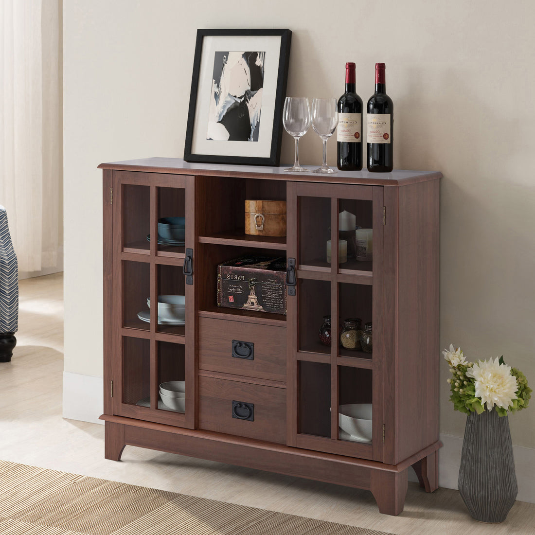 Walnut 2 Door Server With 2 Drawer Walnut Dining Room Open Storage Wood Glass