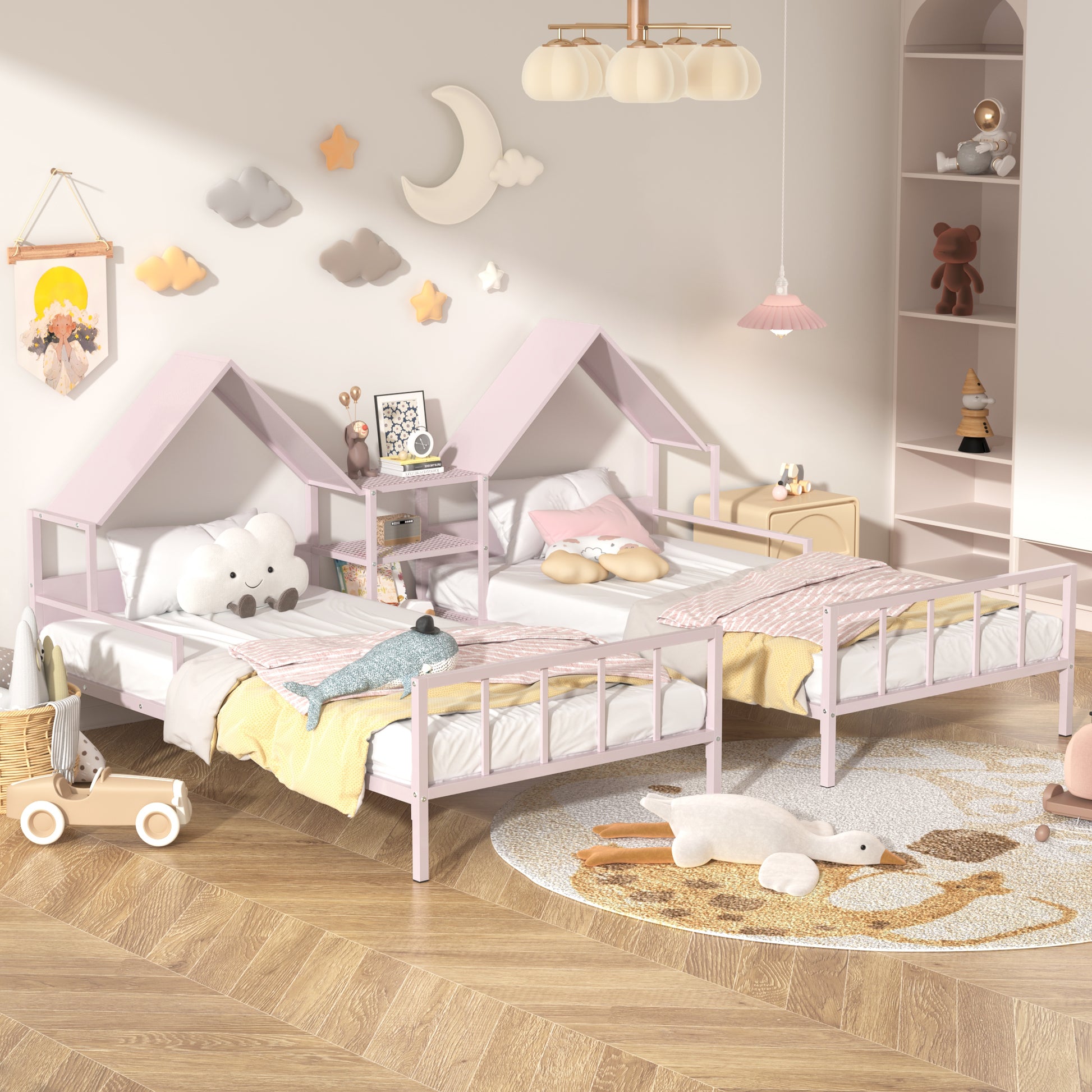 Metal Double Twin Size Platform Bed With House Shaped Headboard And A Built In Nightstand, Pink Box Spring Not Required Twin Pink Metal Metal