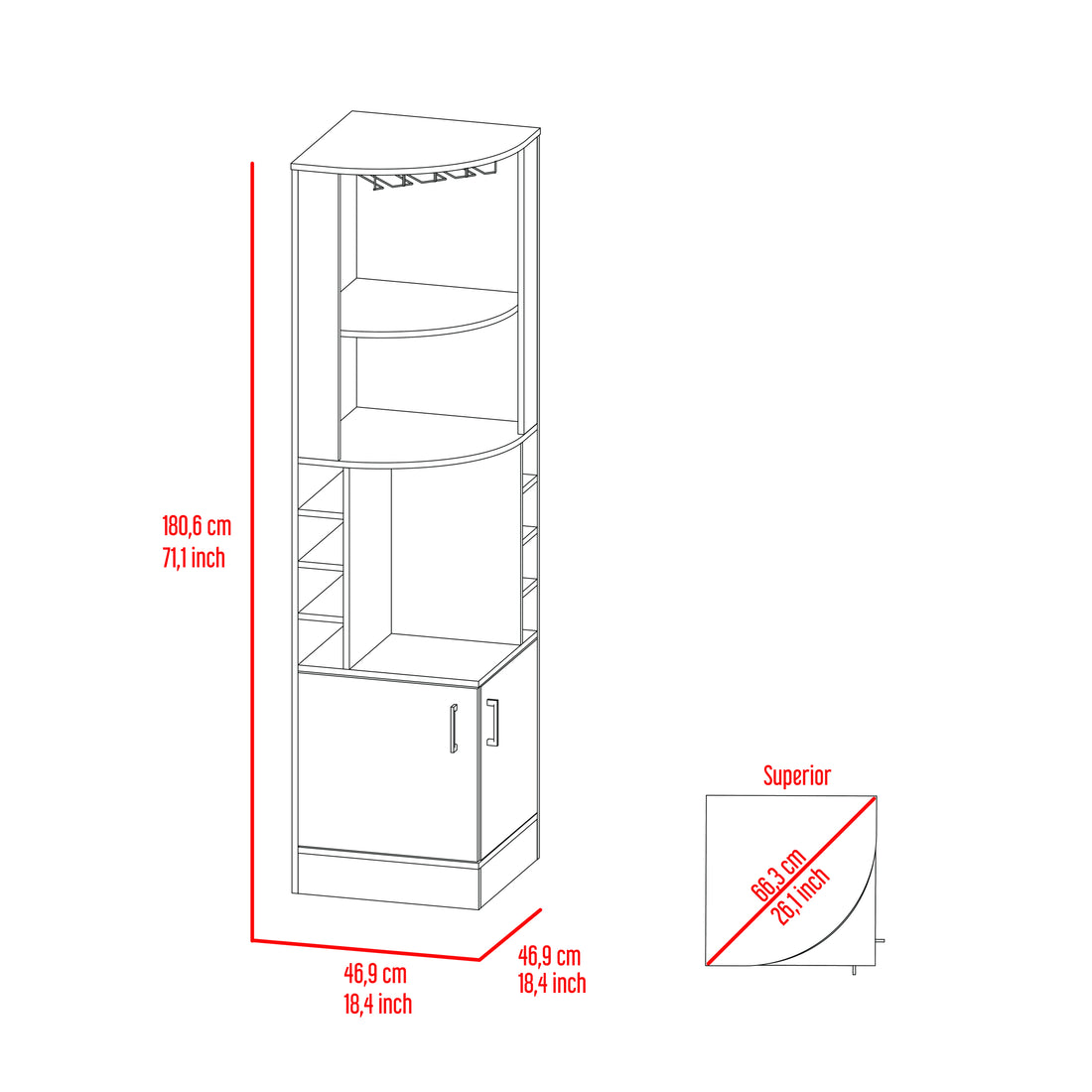 Corner Bar Cabinet 71" Hwith Two Shelves At The Top, 1 Glass Holder, 8 Exterior Bottle Racks, 1 Central Shelf And A Lower Drawer With 2 Side Doors, Smoke Oak Gray Particle Board Particle Board