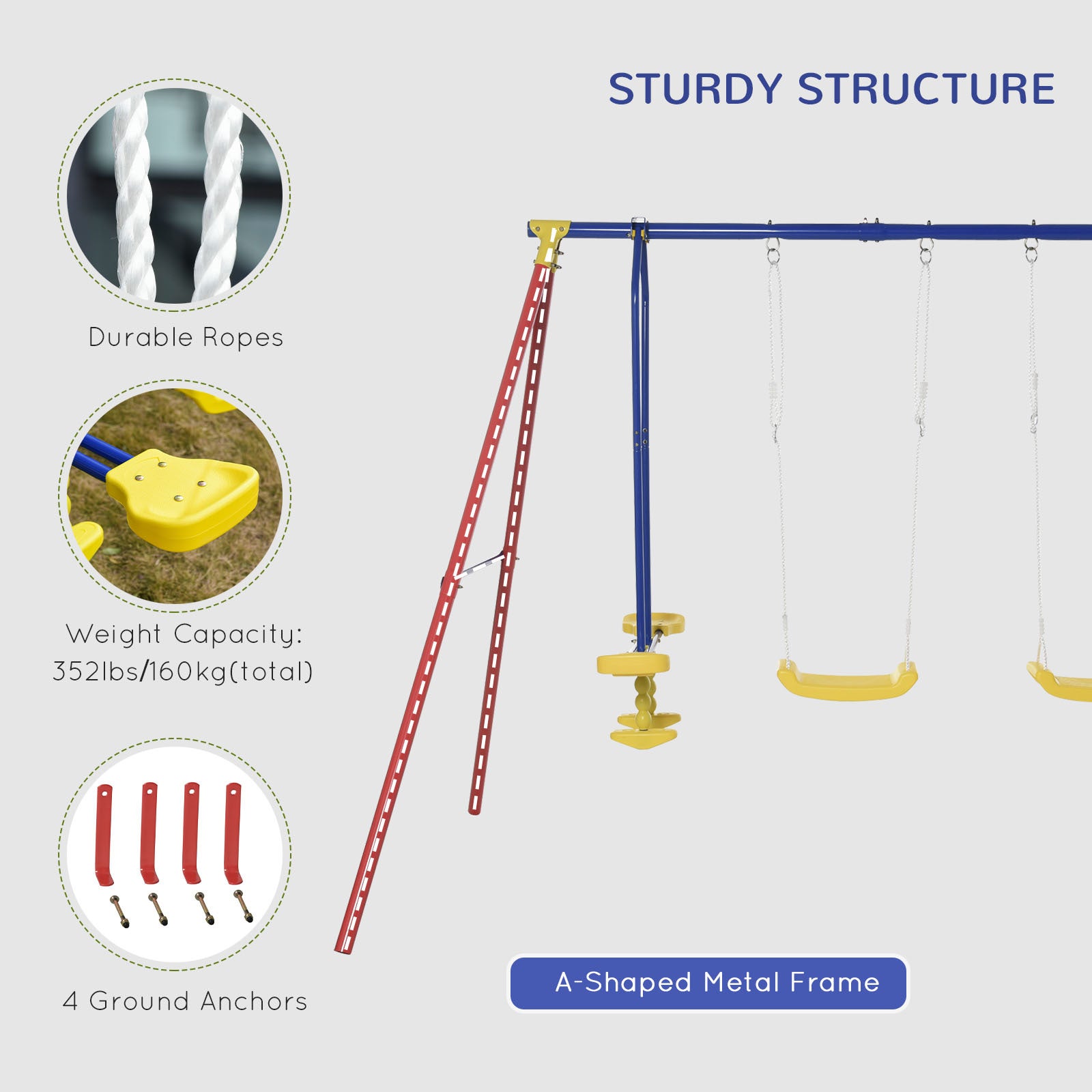 Outsunny Metal Swing Set With Glider, Two Swing Seats And Adjustable Height, Outdoor Heavy Duty A Frame Suitable For Playground, Backyard, Multi Color Multicolor Metal