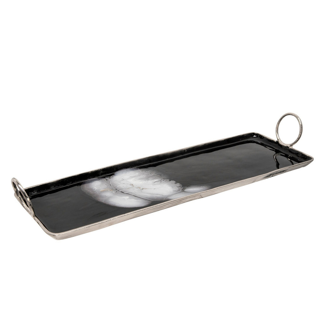 Tray With Metal And Ring Handles, Black And Silver Black Silver Metal