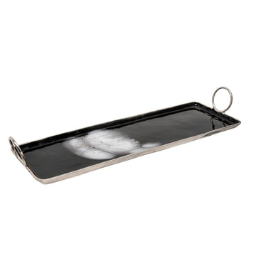 Tray With Metal And Ring Handles, Black And Silver Black Silver Metal