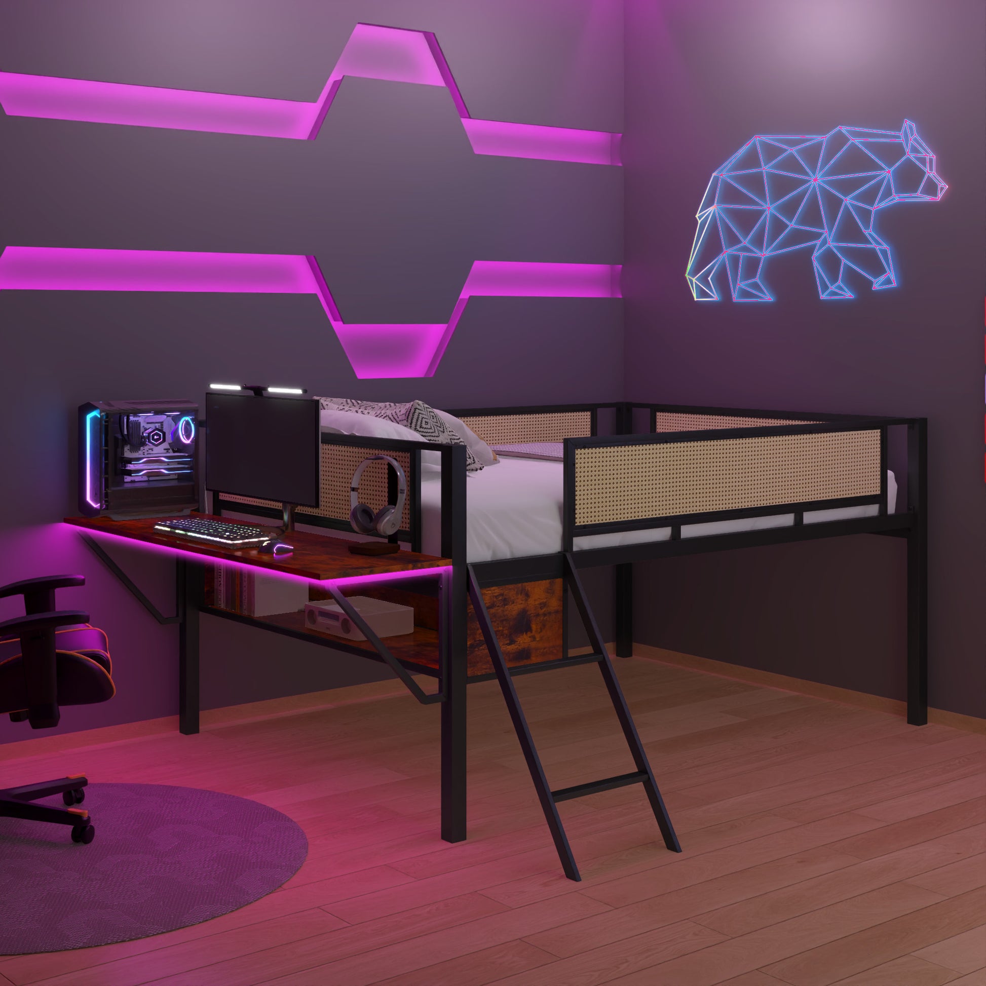 Single Metal Loft Bed With Rectangular Desk, Led Lights, Led Loft Bed Frame Double Bed With Storage Shelves And Hanging Storage Compartments, Safety Guard And Ladder, No Box Springs Required, Rattan G Full Black Brown Mdf Iron