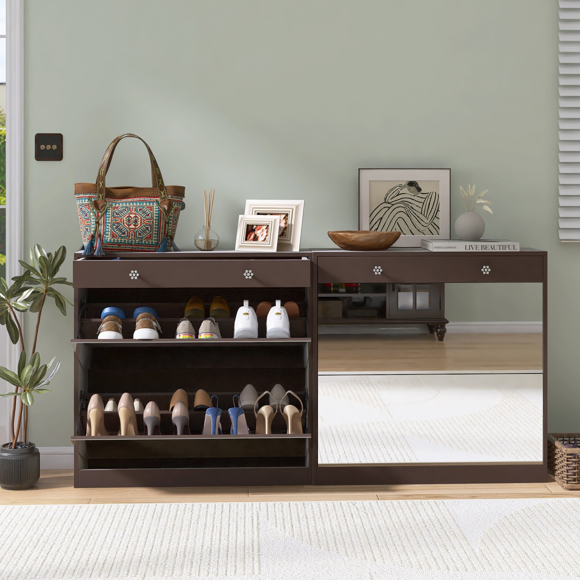 Mirror Shoe Cabinet With Tier Drawers, Mirror Shoe Rack With Drawe