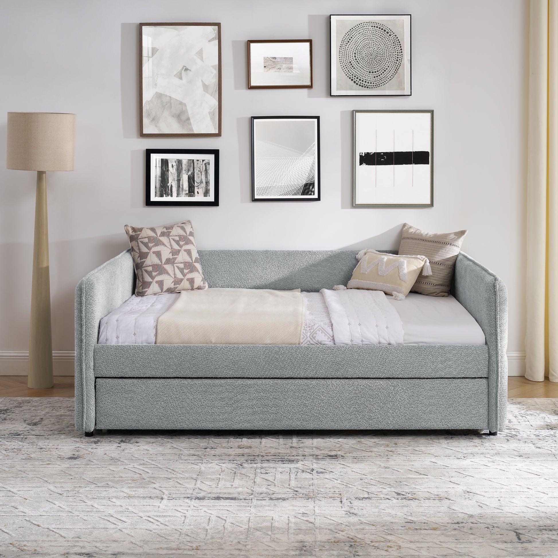 Daybed With Trundle Upholstered Tufted Sofa Bed, Full Size, Boucle Fabric, Grey 83"X58.5"X29.5" Grey Linen