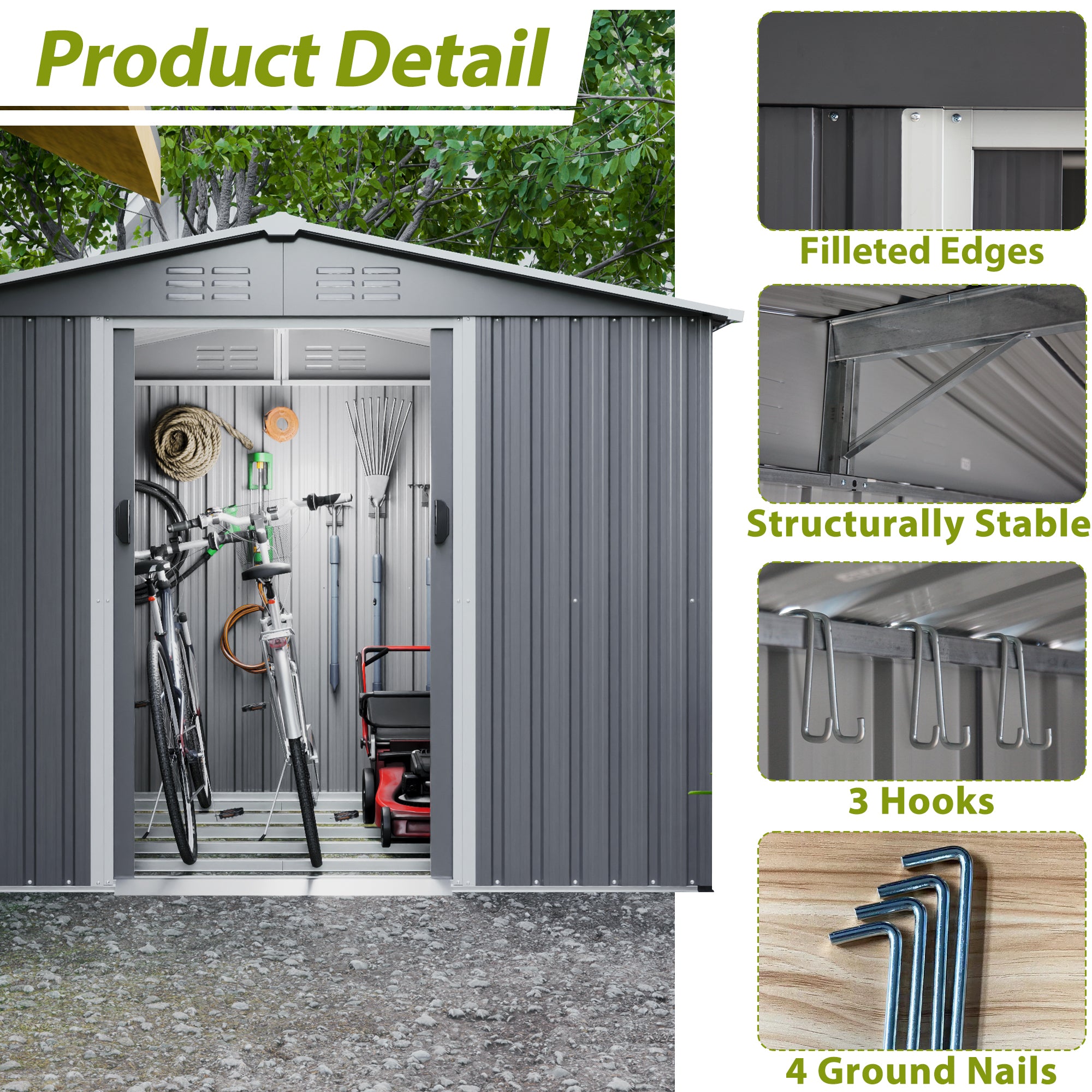 チャコールグレーSサイズ 8X6 Ft Outdoor Tool Storage Shed With Metal Foundation & Lockable Door