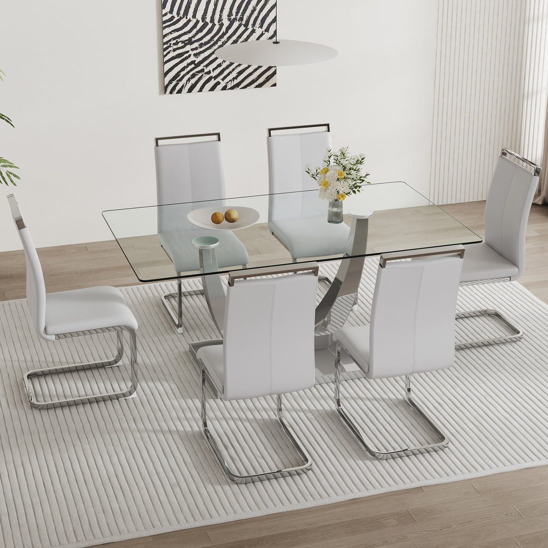 Table And Chair Set. Large Modern Rectangular Table With Glass Top And Silver Metal Legs. Furnished With Soft And Comfortable Pu Chairs With Faux Leather Upholstered Seats And Silver Metal Legs. Gray Silver Seats 6 Glass Metal