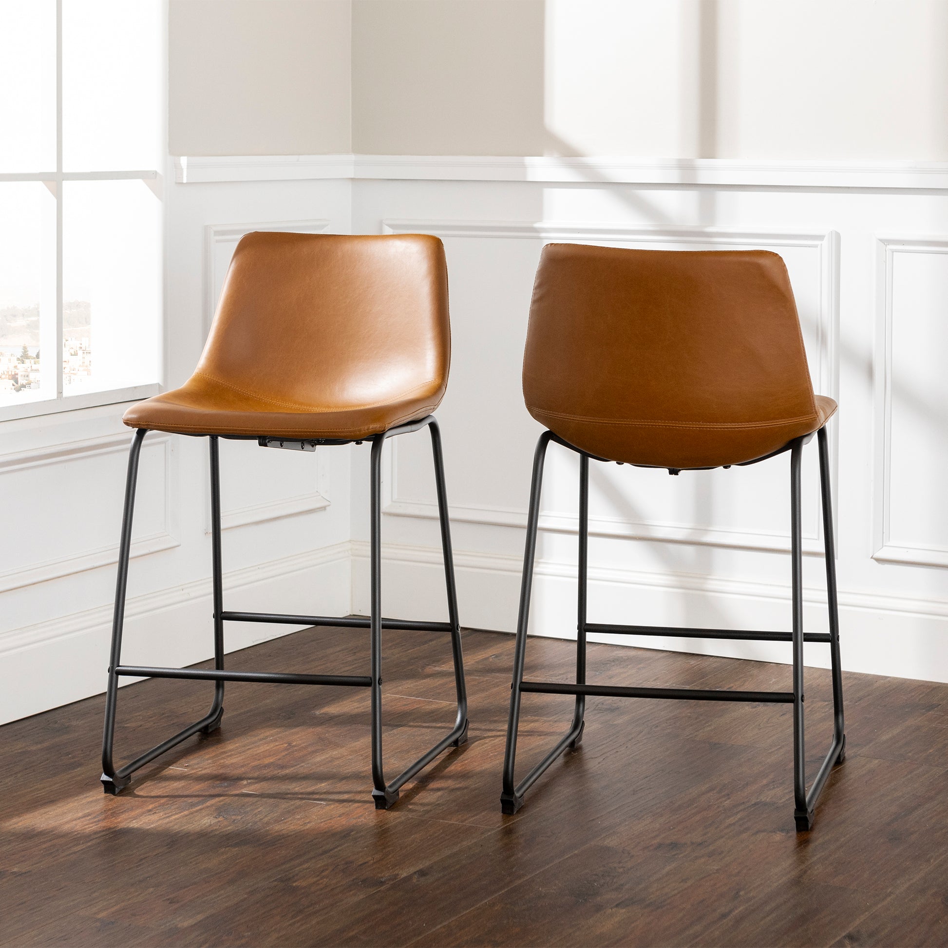 Industrial Faux Leather Counter Stools, Set Of 2 Whiskey Brown Brown Polyurethane Foam Pu Leather