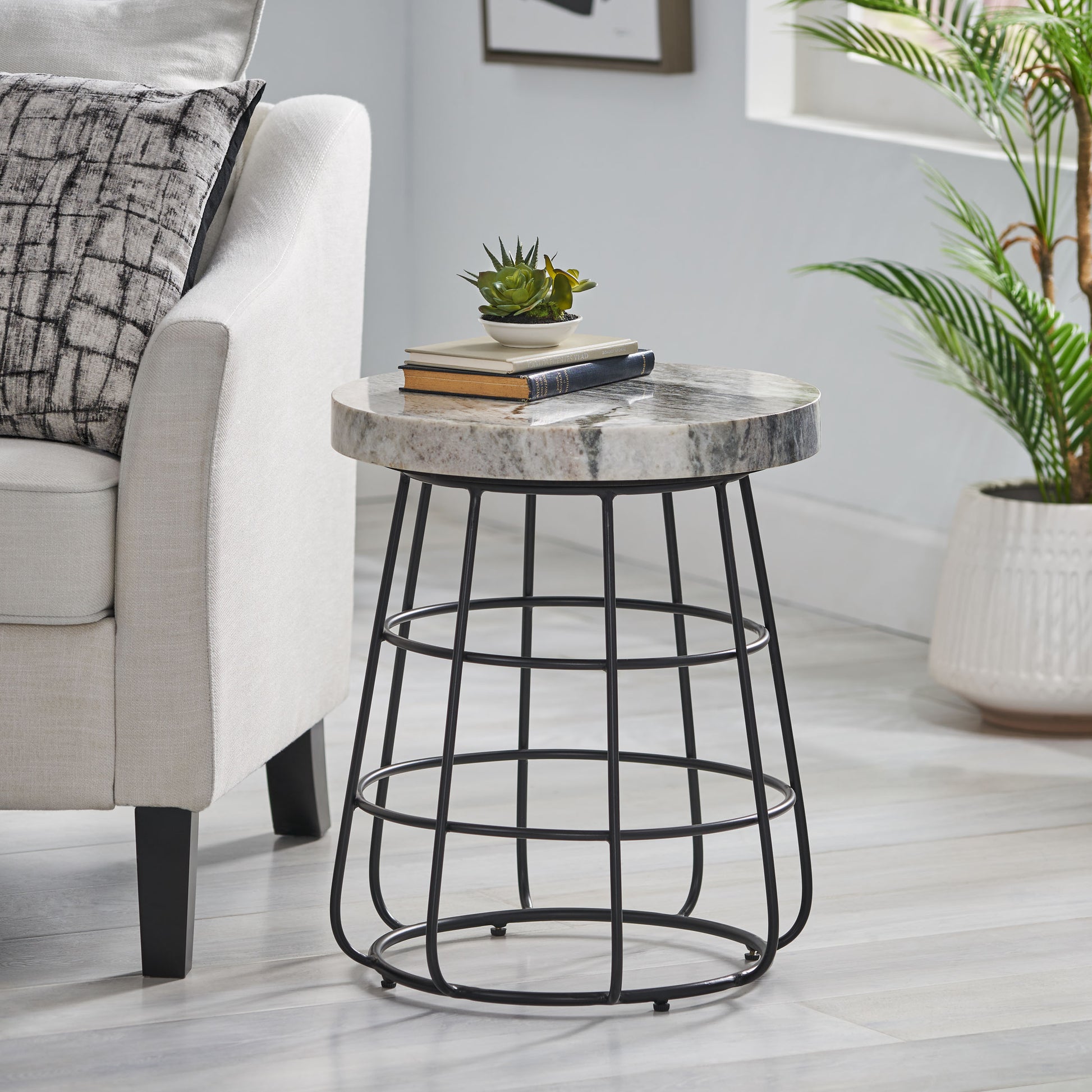 Side Table Black White Marble Metal