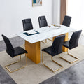 Table And Chair Set.Large Modern Rectangular Table With 0.4 Inch Patterned Glass Tabletop And Large Mdf Table Legs.Comes With 6 Chairs With Faux Leather Cushioned Seats And Golden Metal Legs. Gold White Seats 6 Mdf Glass