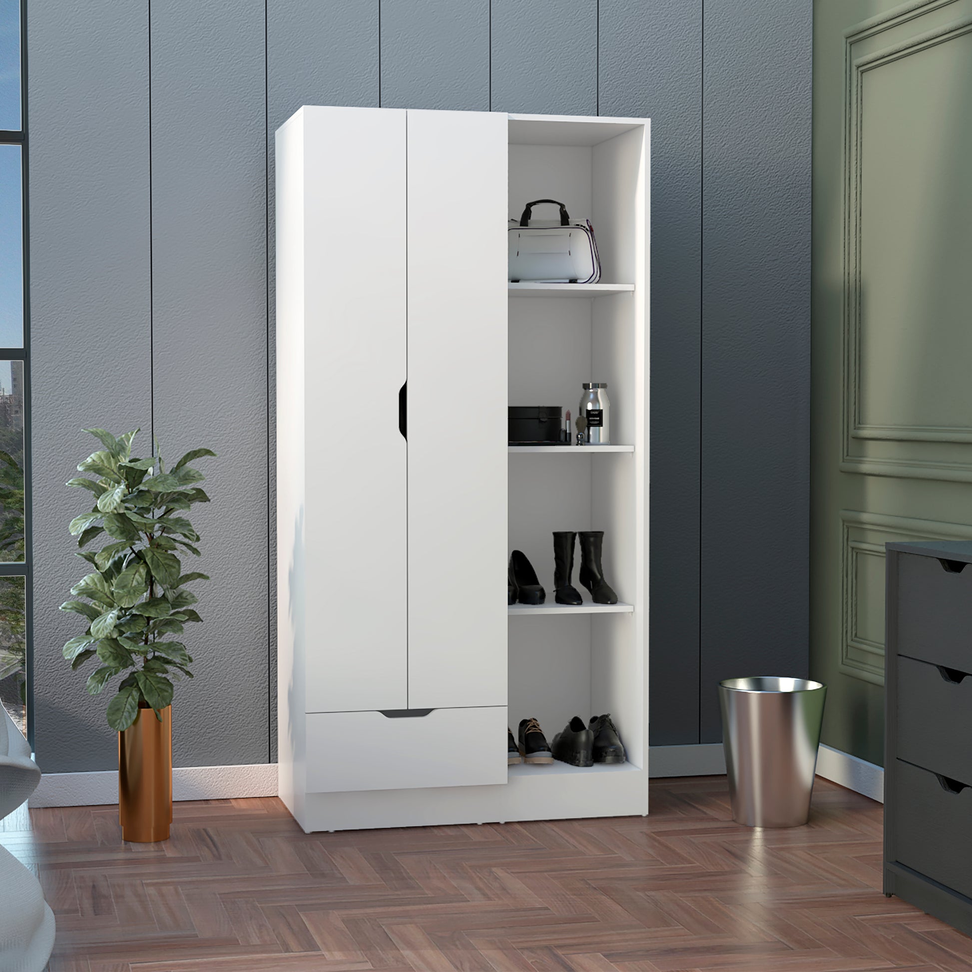 Memphis Wardrobe Armoire With 4 Tier Storage Shelves And 1 Drawer White White Bedroom Particle Board