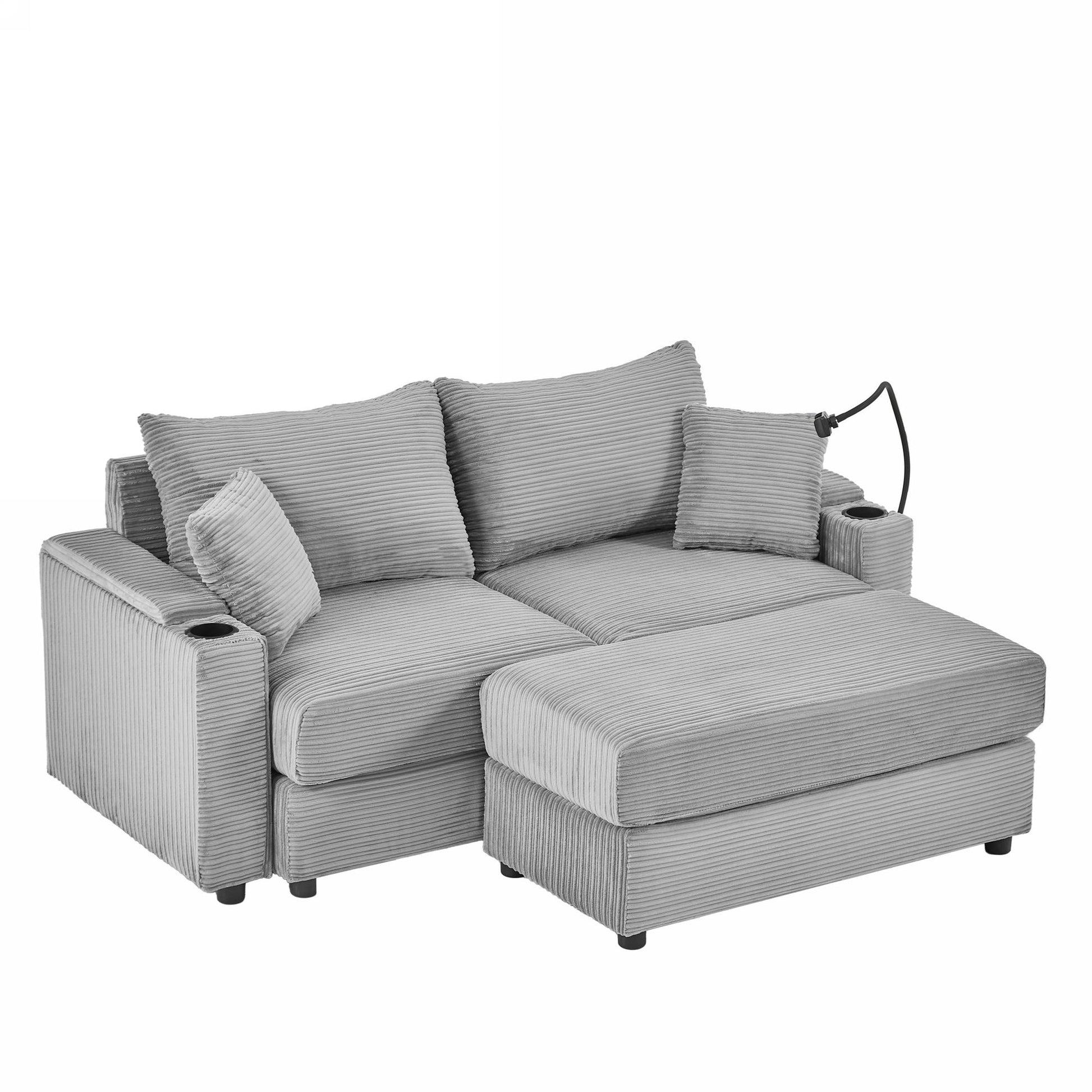 72.8" Modern Style Loveseat Sofa Sectional Sofa Couch With Storage Space, A Movable Ottoman, Two Usb Ports, Two Cup Holders, A Phone Holder For Living Room, Gray Gray Foam Corduroy 3 Seat