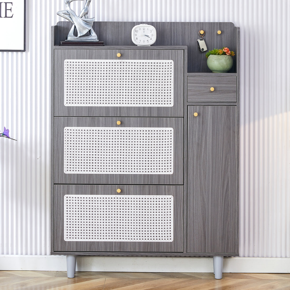 Modern Minimalist Storage Cabinet, Japanese Rattan Shoe Cabinet, Bed Top Cabinet, Small Home Furniture. Suitable For Corridors And Living Rooms. Gz Di 03 Gray Mdf