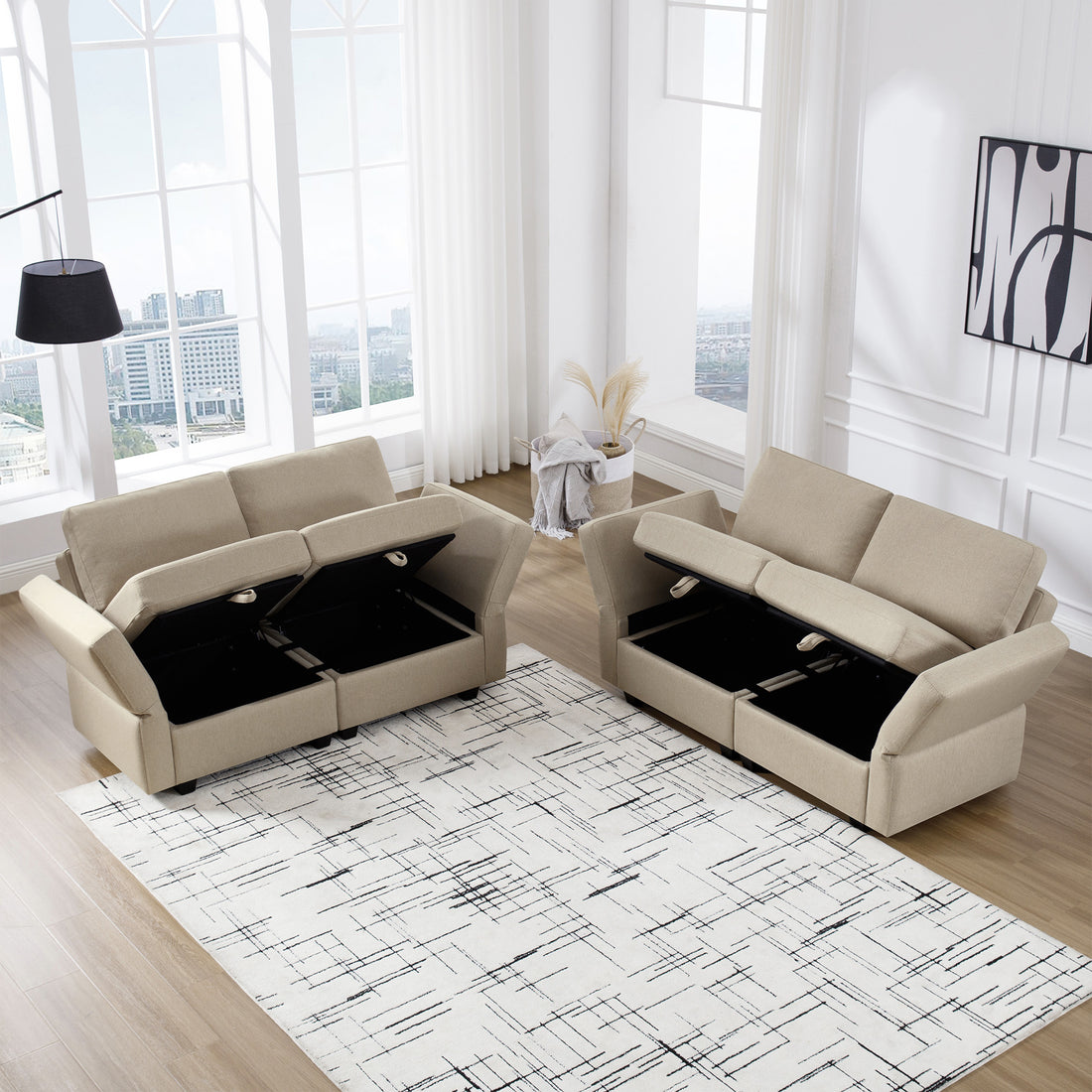Living Room Furniture Sets, 2 Piece Comfy Upholstered Sofa Couch Set, Mid Century Modern Loveseat Sofa Sets With Storage Space Small Spaces Under Seats, Adjustable Arms And Backs Beige Beige Polyester 4 Seat