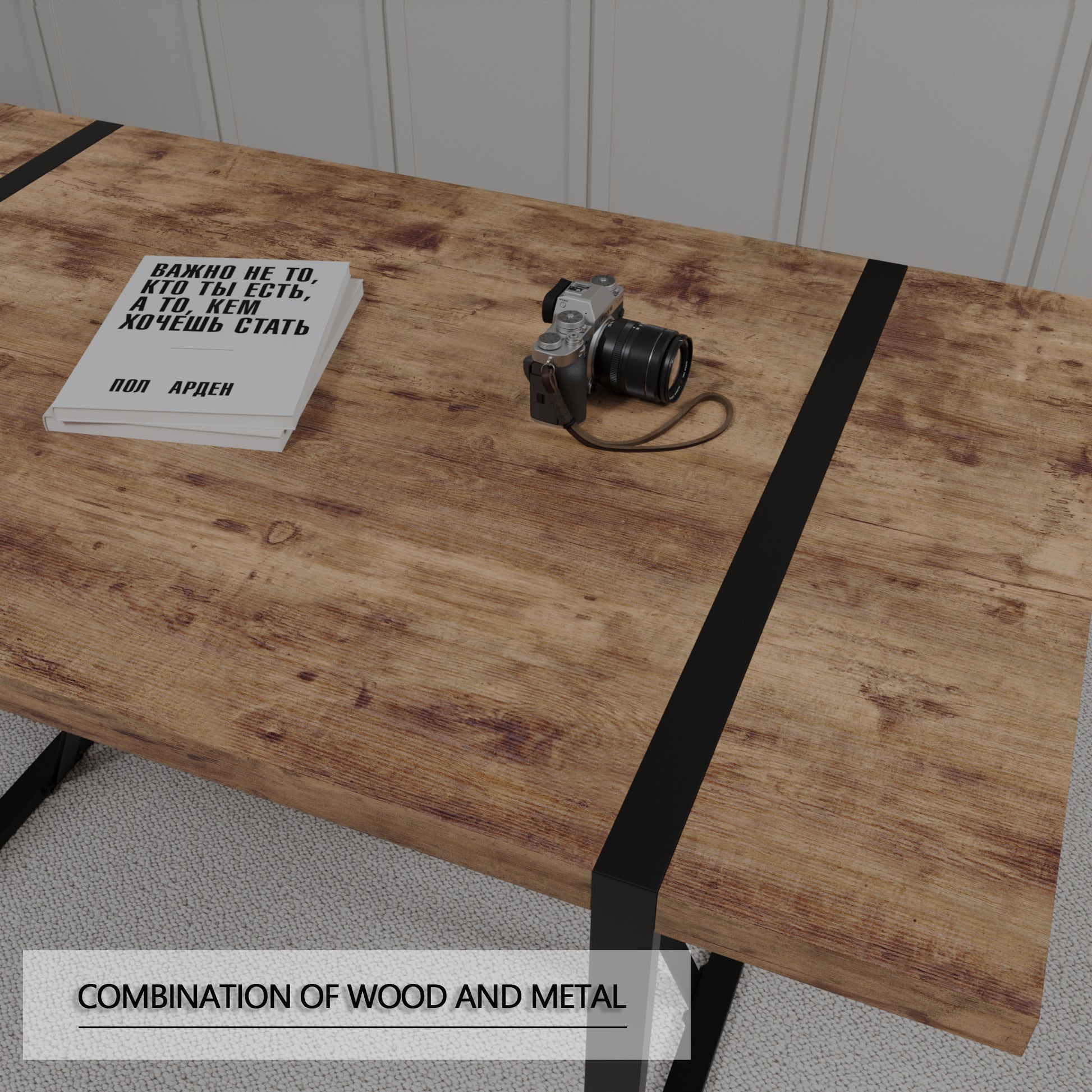 55 "Rural Industrial Rectangular Mdf Dark Wood Dining Table, 4 6 People, 1.5" Thick Engineering Wood Tabletop And Black Rectangular Metal Legs, Used For Writing Desk, Kitchen, Terrace, Dining Room Wood Kitchen Mdf