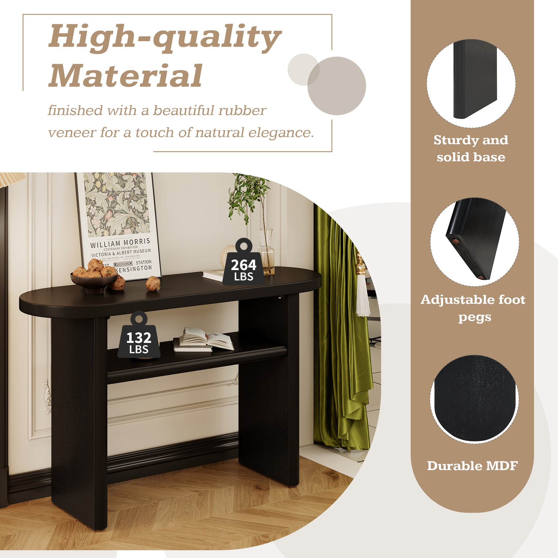 Elegant Minimalist Console Table With Rounded Edges And Sturdy Shelf Design For Entryway, Living Room Espresso Espresso Solid Wood Mdf