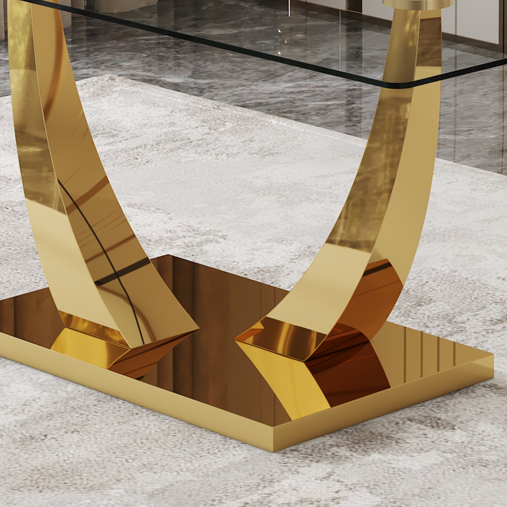 Table And Chair Set.Modern Rectangular Dining Table With Transparent Tempered Glass Tabletop And Gold Plated Metal Legs.Paried With 8 Comfortable Chairs With Pu Seats And Golden Metal Legs. Transparent,White Gold Seats 8 Glass Metal