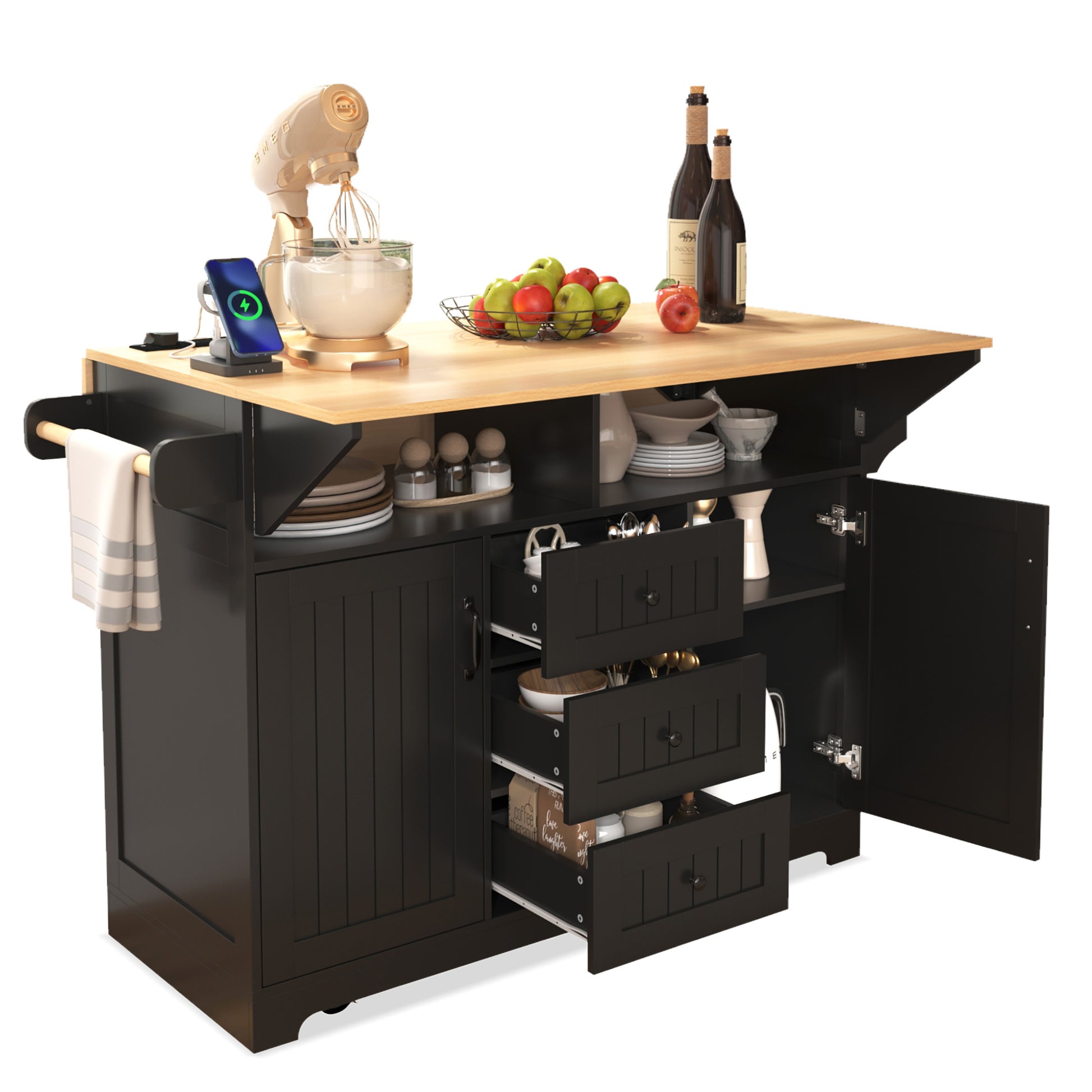 K&K 55.7'' Large Kitchen Island With 2 Drop Leaf, Rolling Kitchen Cart On 5 Wheels With Power Outlet, Folding Storage Dining Table With Spice & Towel Rack3 Drawers, For Kitchen, Dining Room,Black Black Brown Kitchen Classic,Farmhouse,Luxury,Modern